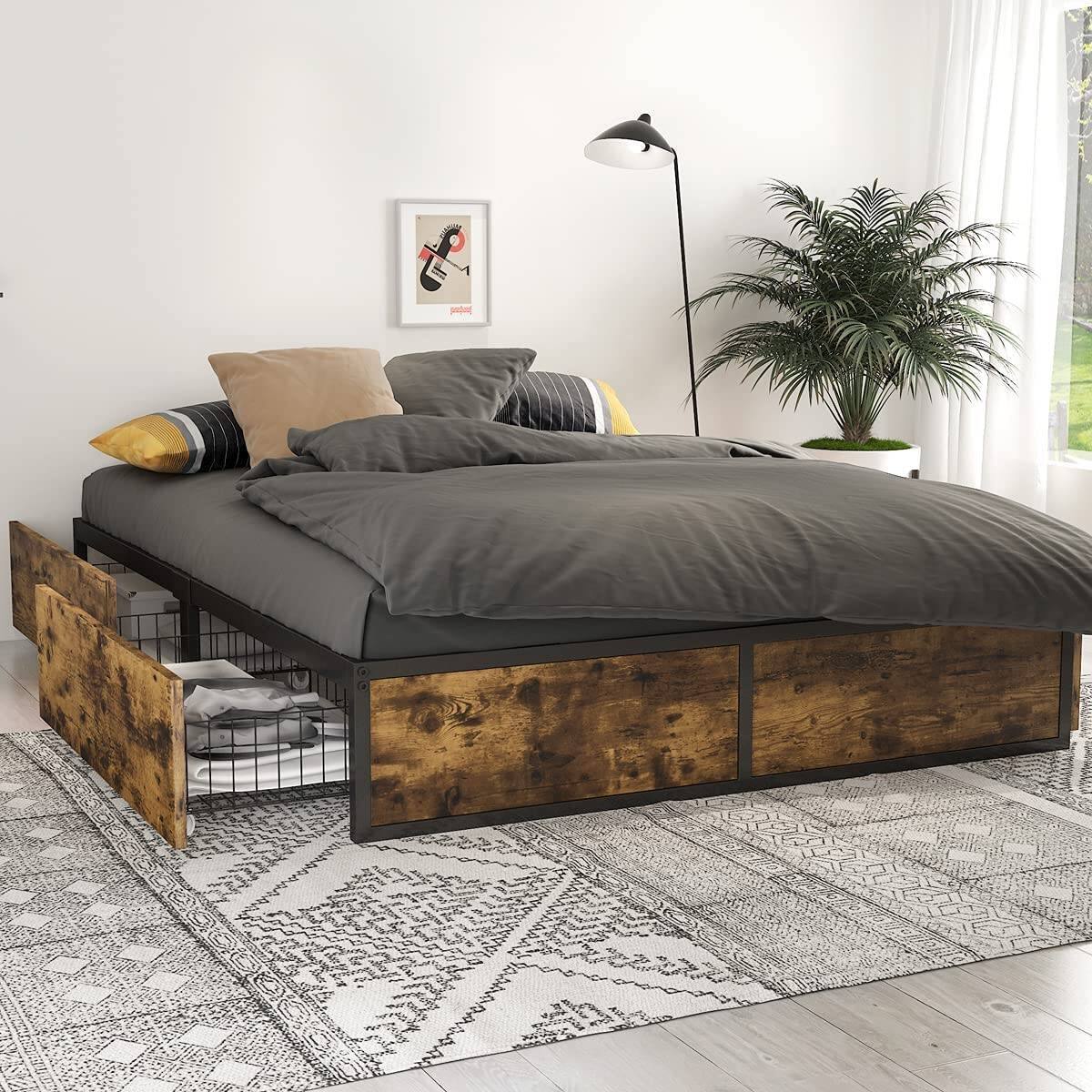 Left. Hivvago - Hivvago Full Metal Wood Platform Bed Frame with 4 Storage Drawers - 600 lbs Max Weight - Rustic Brown.