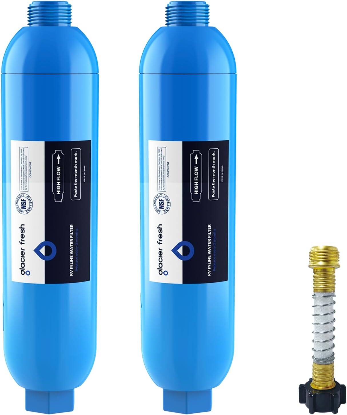 GLACIER FRESH - RV/Marine Water Filter with 1 Flexible Hose Protector, Multiple uses, 2 Pack