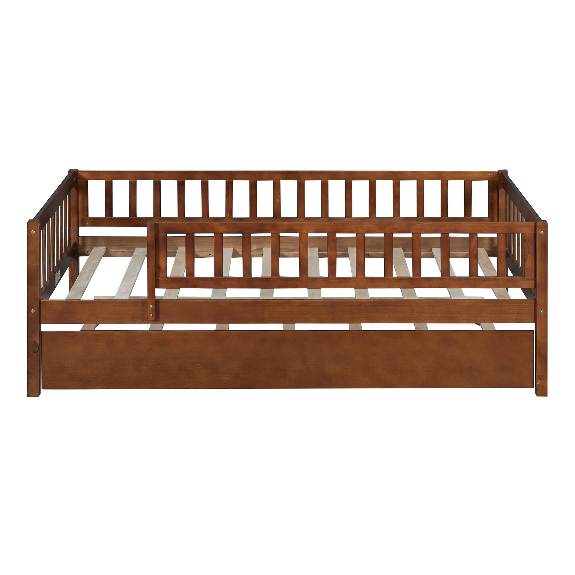 Alt View 1. Tiramisubest - Twin Size Wood Daybed with Trundle and Fence Guardrails, Walnut - Walnut.