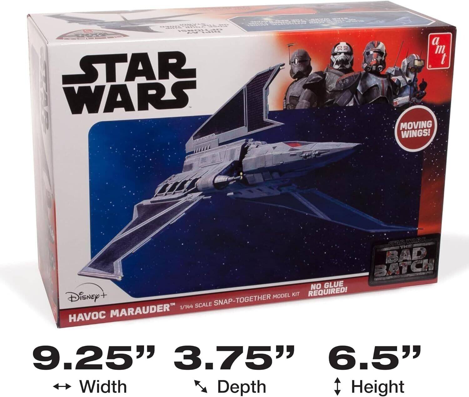 STAR WARS  
HAVOC MARAUDER™  
1/144 SCALE SNAP-TOGETHER MODEL KIT  
NO GLUE REQUIRED!  
MOVING WINGS!  
BAD BATCH  
Disney+  

9.25" Width  
3.75" Depth  
6.5" Height