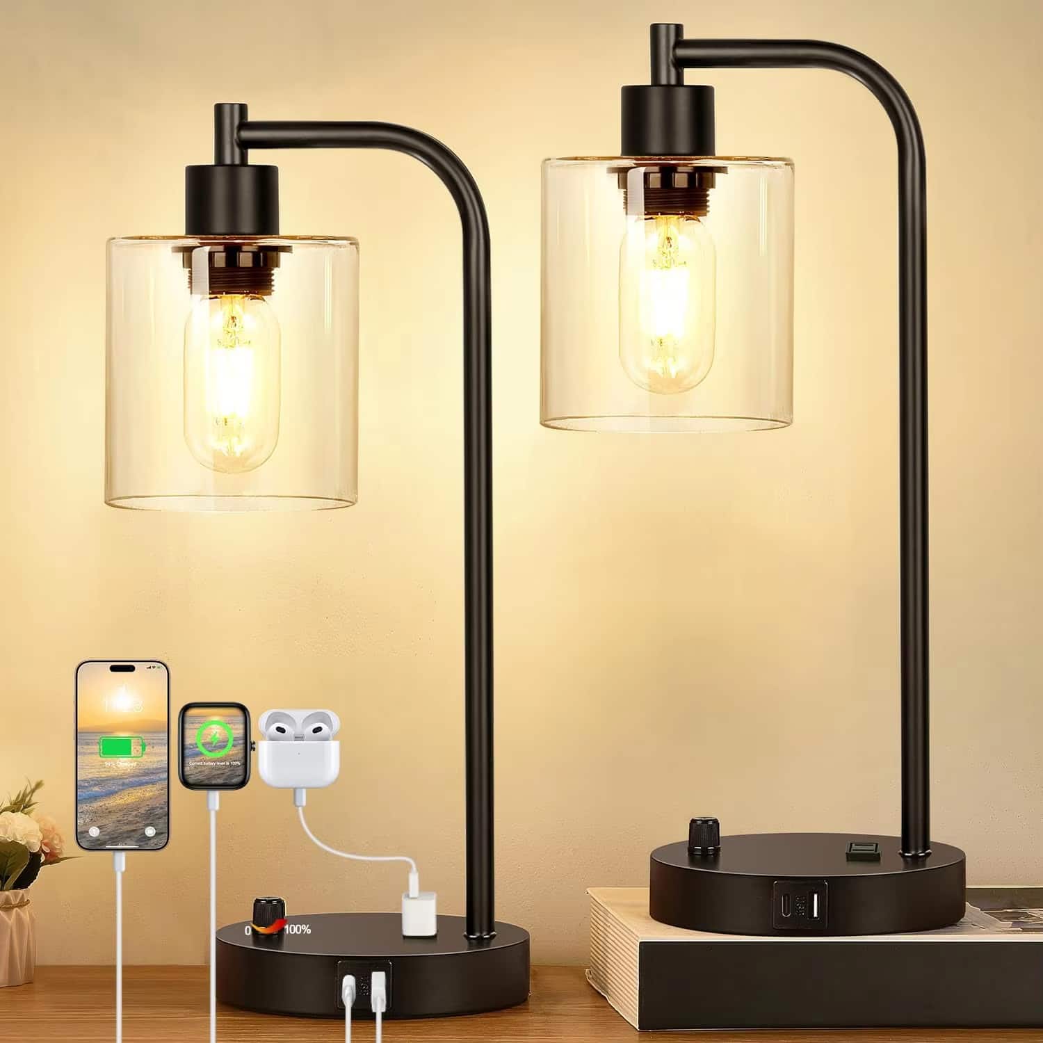 Luckbyte - Set of 2 Industrial Bedside Table Lamps with USB C A Ports,Stepless Dimmable Nightstand Lamps for Bedroom Desk - Black