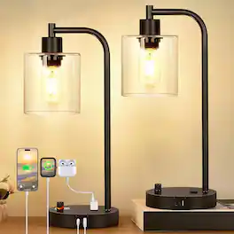 Luckbyte - Set of 2 Industrial Bedside Table Lamps with USB C A Ports,Stepless Dimmable Nightstand Lamps for Bedroom Desk - Black