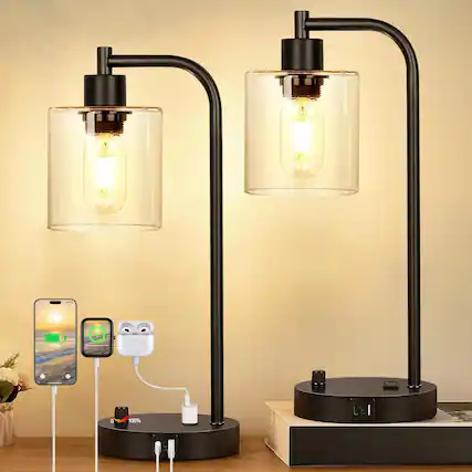 Front. Luckbyte - Set of 2 Industrial Bedside Table Lamps with USB C A Ports,Stepless Dimmable Nightstand Lamps for Bedroom Desk - Black.