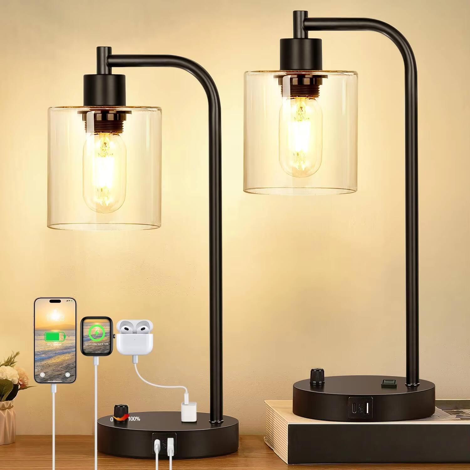 Luckbyte - Set of 2 Industrial Bedside Table Lamps with USB C A Ports,Stepless Dimmable Nightstand Lamps for Bedroom Desk - Black