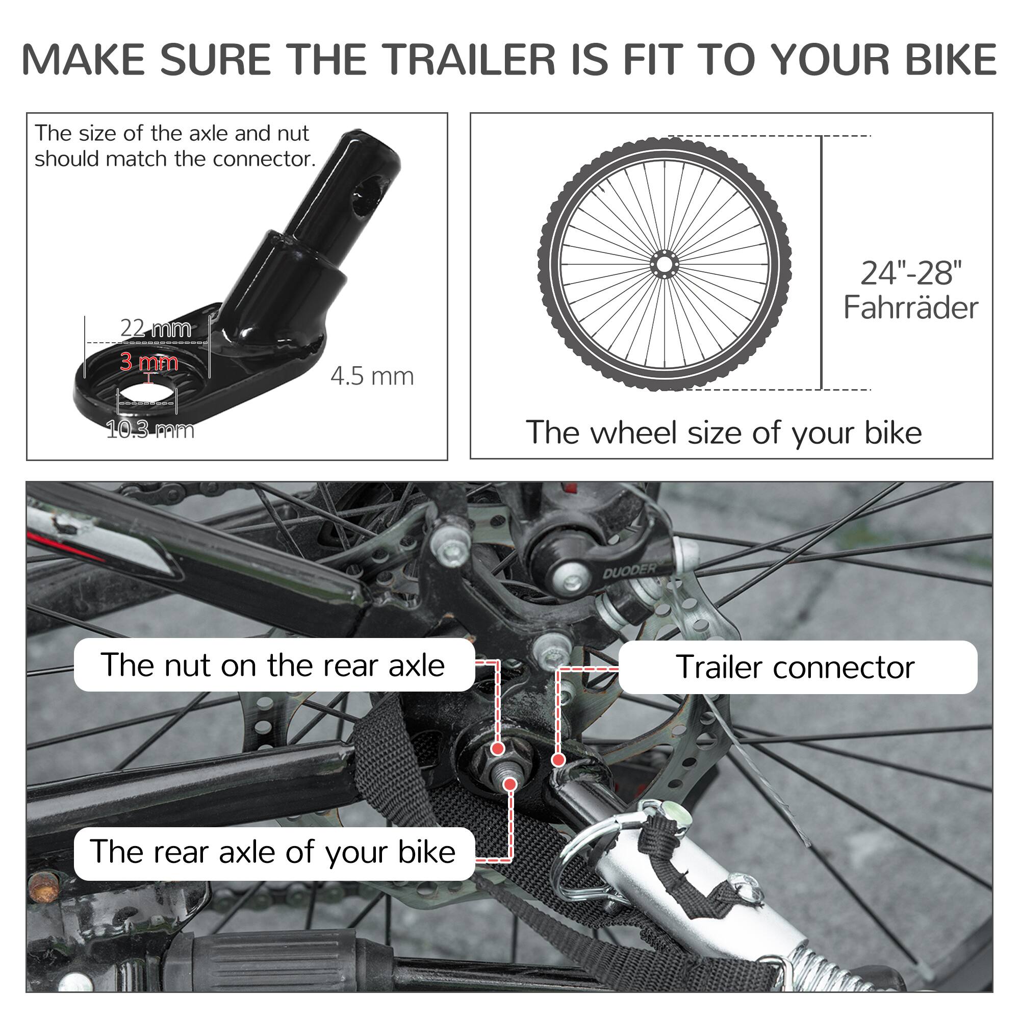 MAKE SURE THE TRAILER IS FIT TO YOUR BIKE

The size of the axle and nut should match the connector.

- 22 mm
- 3 mm
- 4.5 mm
- 10.3 mm

24"-28" Fahrräder

The wheel size of your bike

The nut on the rear axle

The rear axle of your bike

Trailer connector