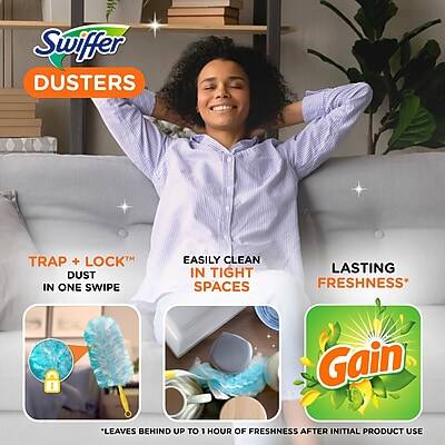 Swiffer Dusters

- TRAP + LOCK™ DUST IN ONE SWIPE
- EASILY CLEAN IN TIGHT SPACES
- LASTING FRESHNESS*

Gain "LEAVES BEHIND UP TO 1 HOUR OF FRESHNESS AFTER INITIAL PRODUCT USE"