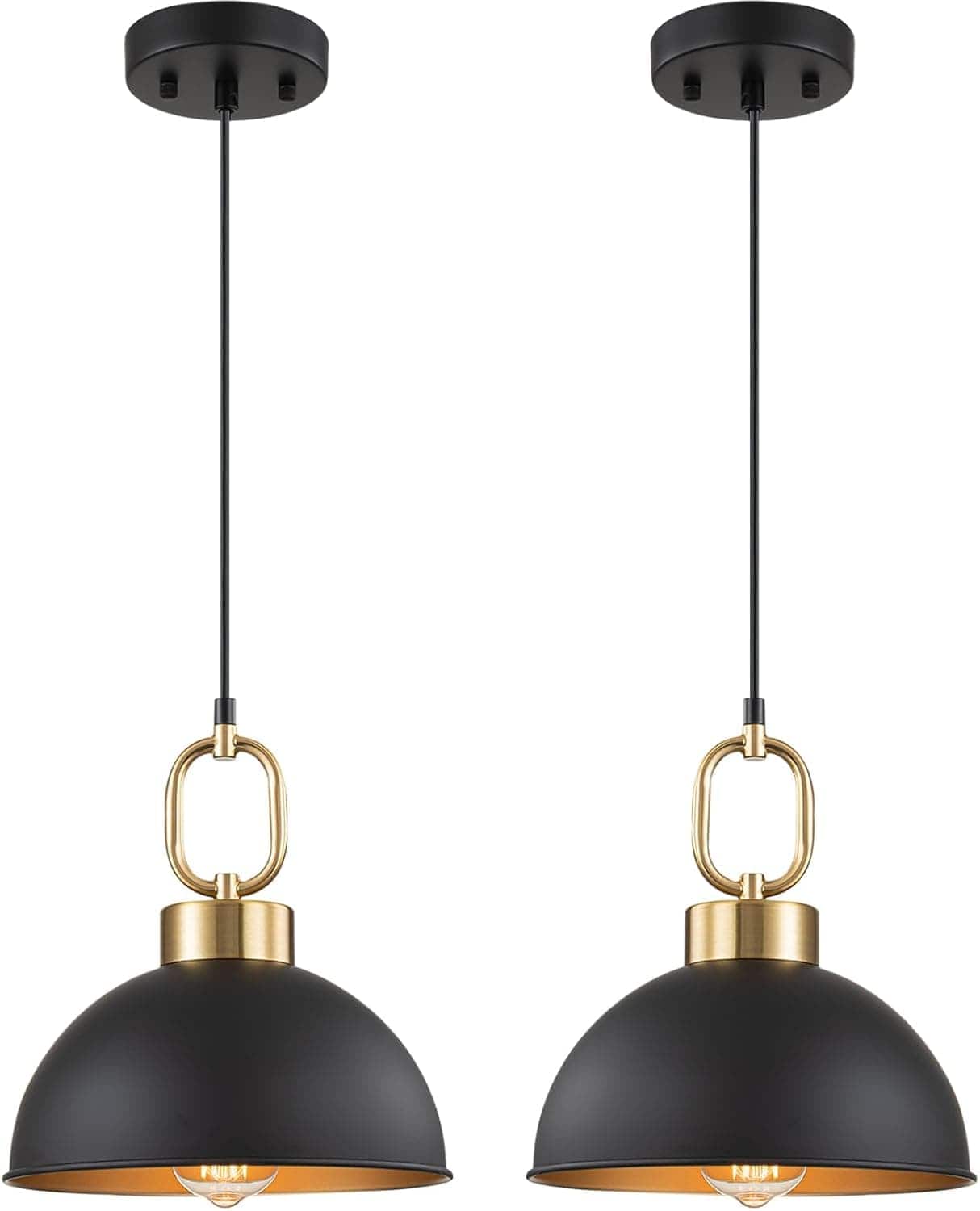 FINEAK - 2-Pack 10.2" Farmhouse Pendant Lights - Matte Black with Gold Handle, Adjustable Height Industrial Hanging Fixtures