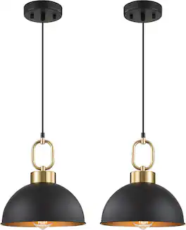 FINEAK - 2-Pack 10.2" Farmhouse Pendant Lights - Matte Black with Gold Handle, Adjustable Height Industrial Hanging Fixtures