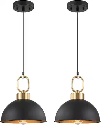 Front. FINEAK - 2-Pack 10.2" Farmhouse Pendant Lights - Matte Black with Gold Handle, Adjustable Height Industrial Hanging Fixtures.