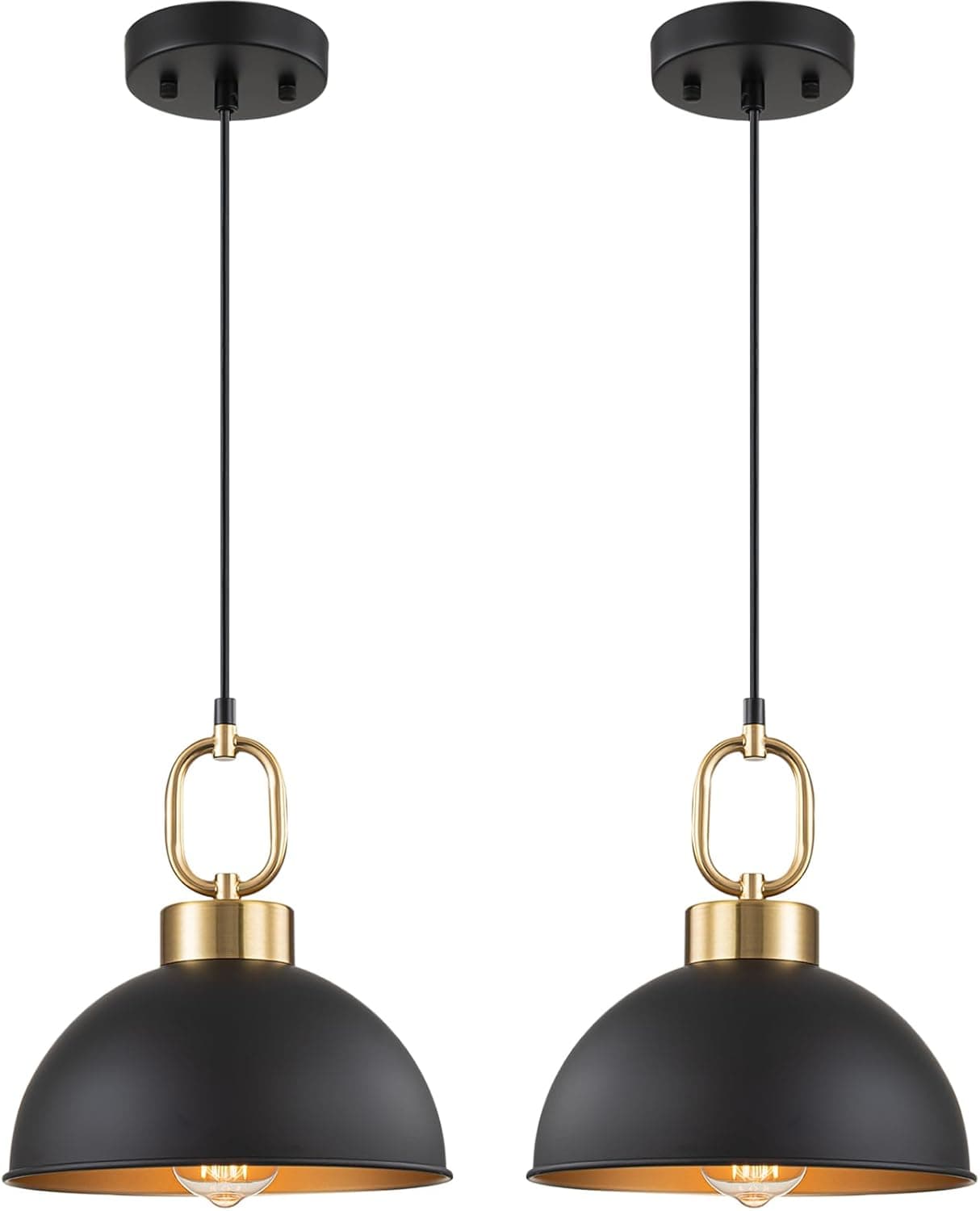 Front. FINEAK - 2-Pack 10.2" Farmhouse Pendant Lights - Matte Black with Gold Handle, Adjustable Height Industrial Hanging Fixtures.