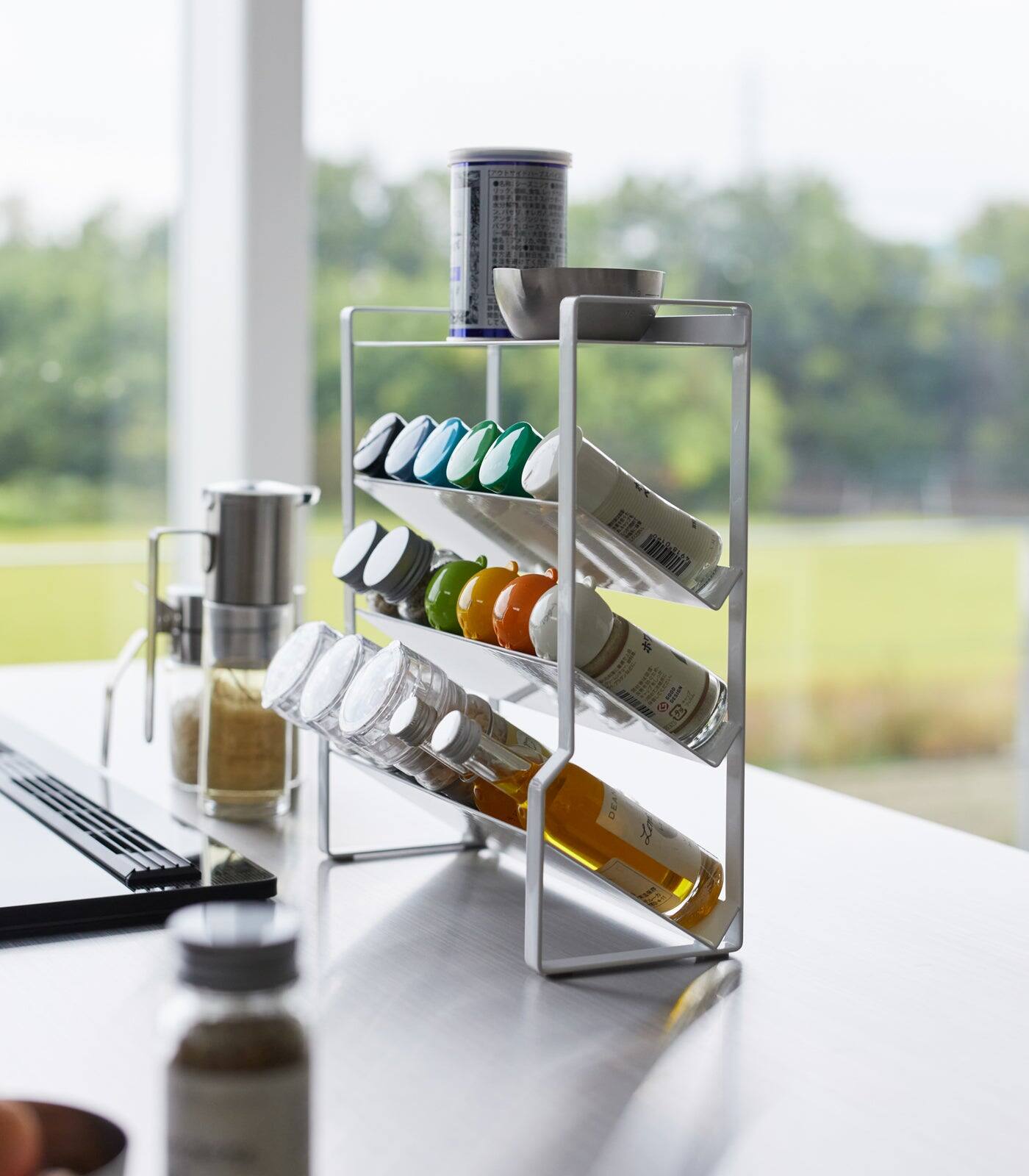 Back. Yamazaki Home - Four-Tier Slim Spice Rack - Steel - White.