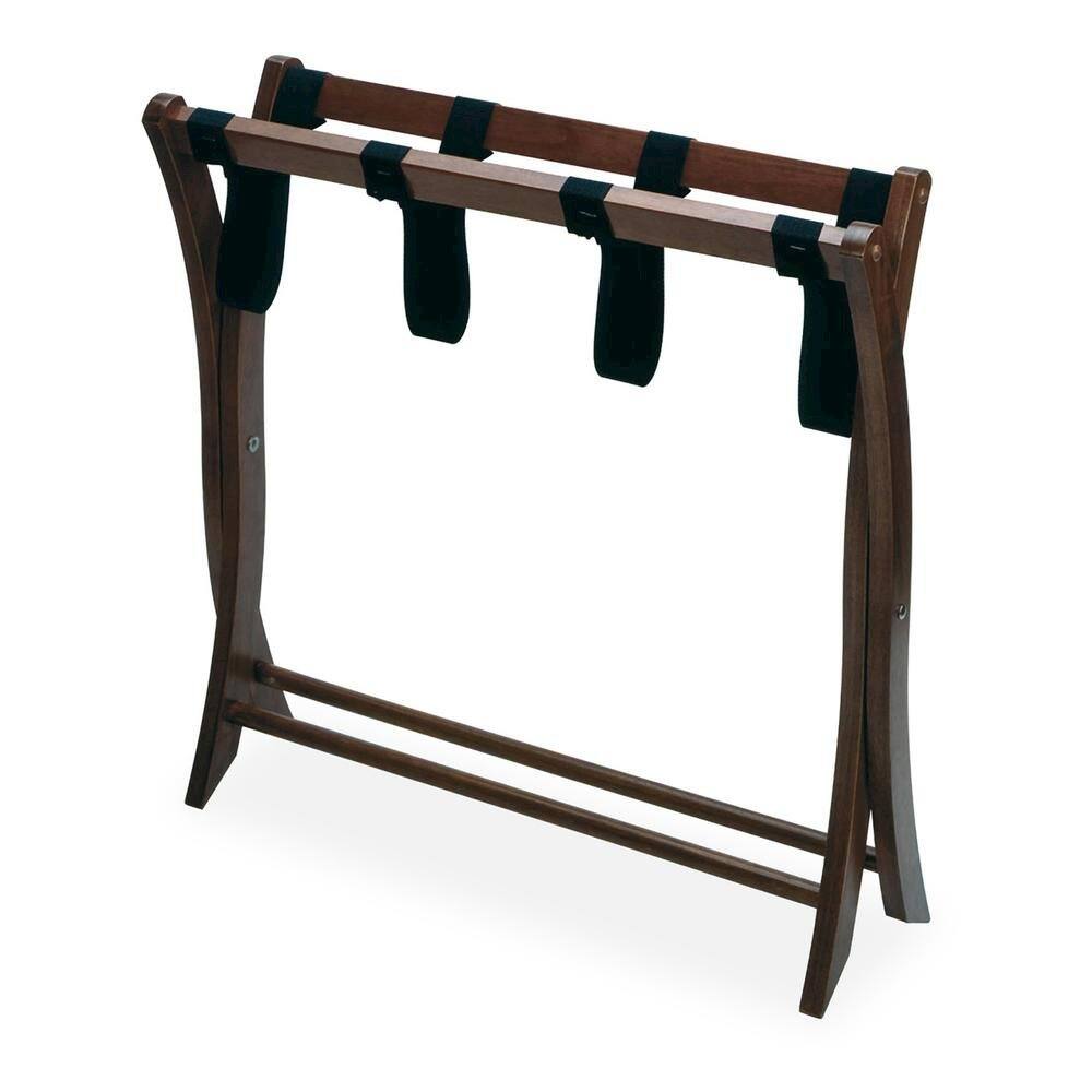 Back. FurniFact - Walnut Brown Solid Wood Folding Luggage Rack for Suitcases with Sturdy Straps - Walnut.