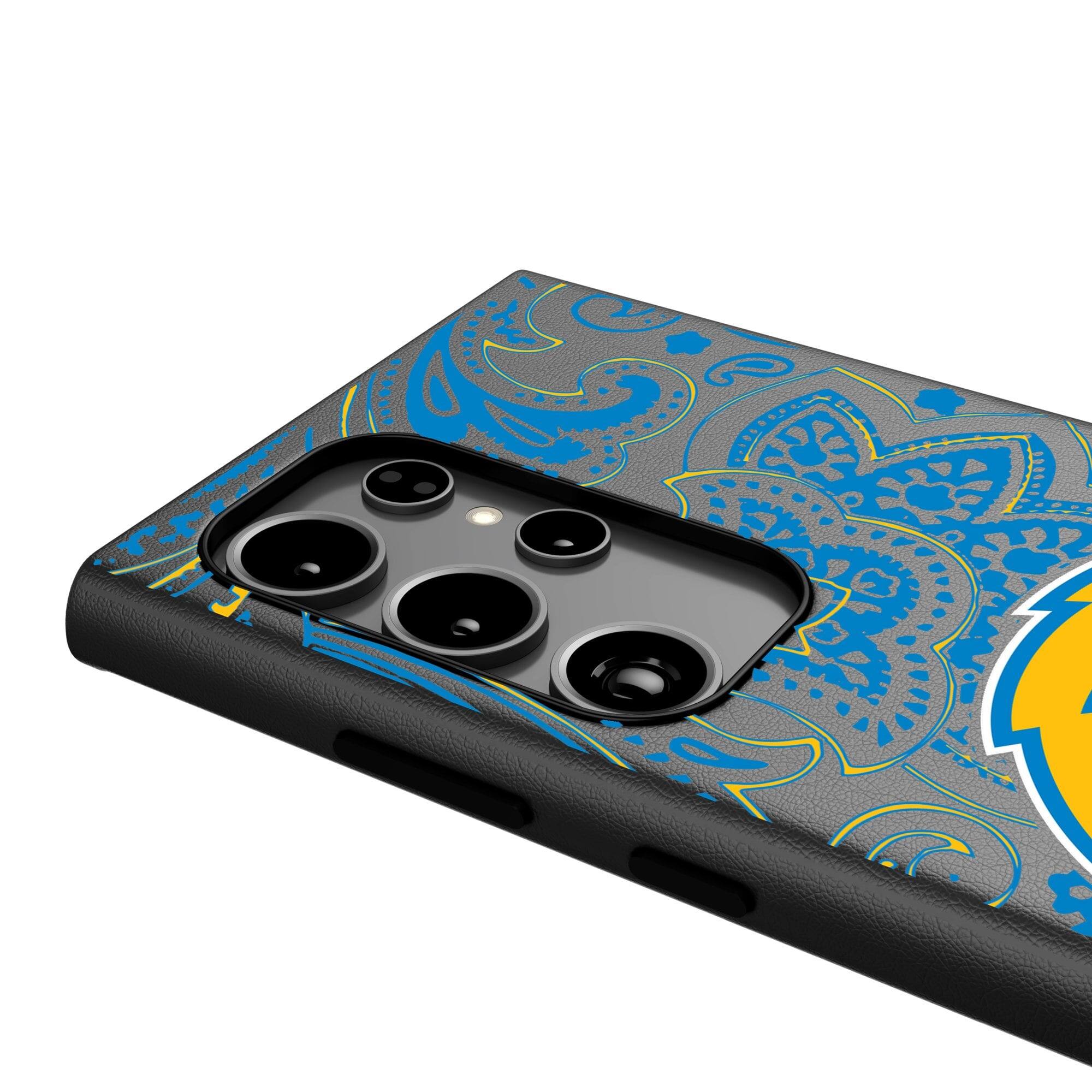 Alt View 3. Keyscaper - Los Angeles Chargers Paisley Galaxy Magnetic Bump Case - S24 Ultra - Black.