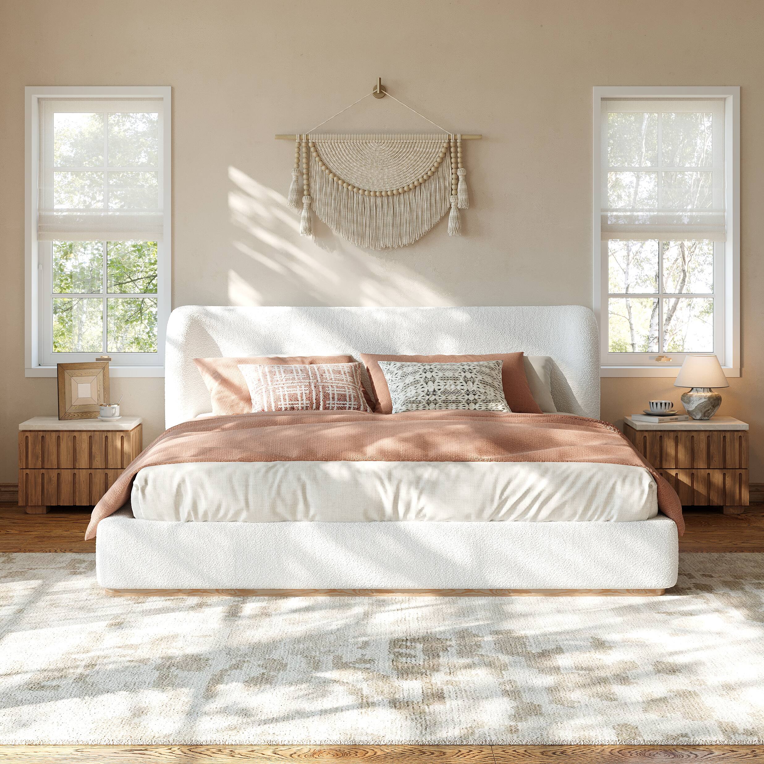Angle. Whisen - King Size Low-Profile Upholstered Platform Bed, Boucle Fabric Modern Bed Frame with Curved Headboard - White.