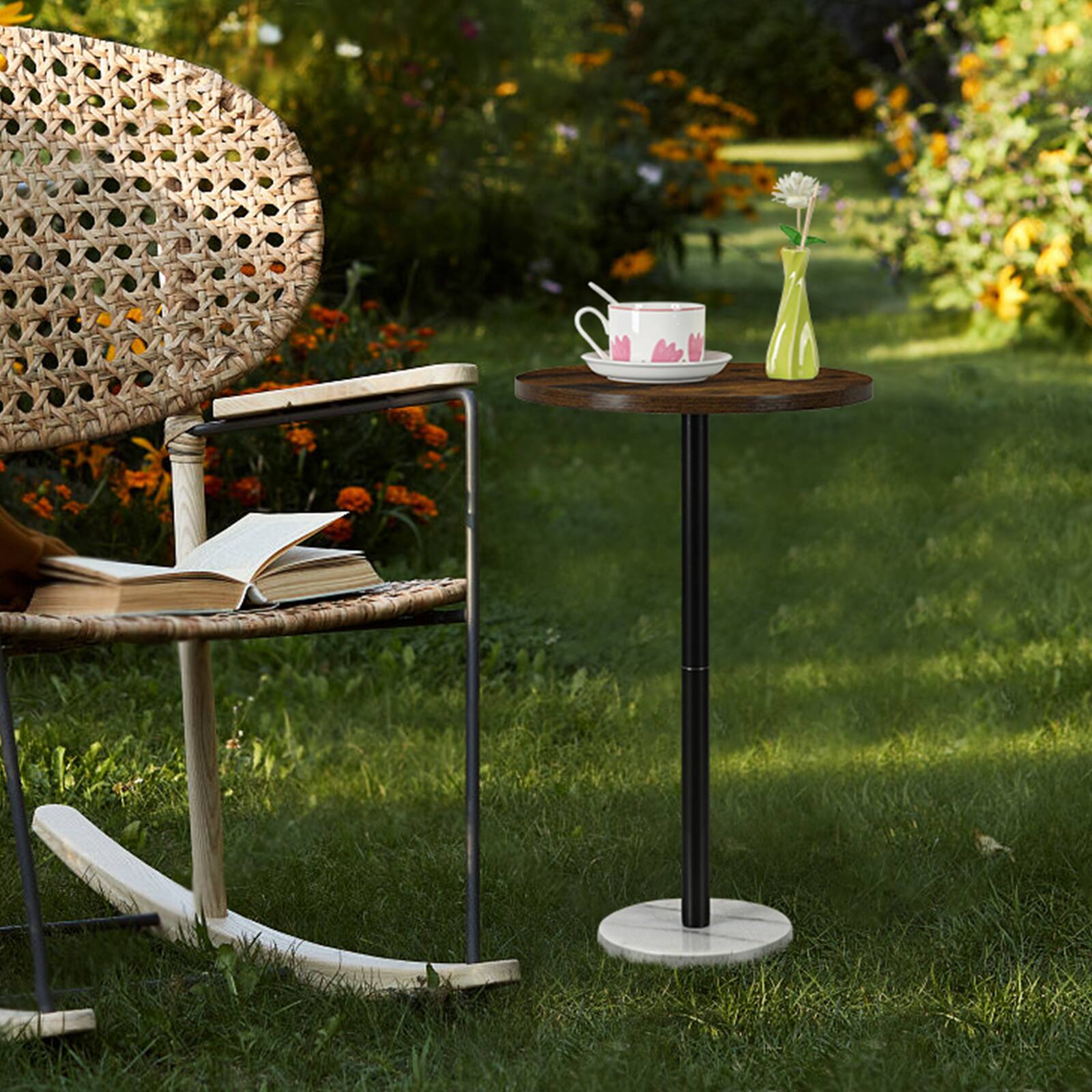 Alt View 4. Oumilen - Round Rustic Burnt Wood Side Table with White Marble Base, Compact Accent End Table - White.