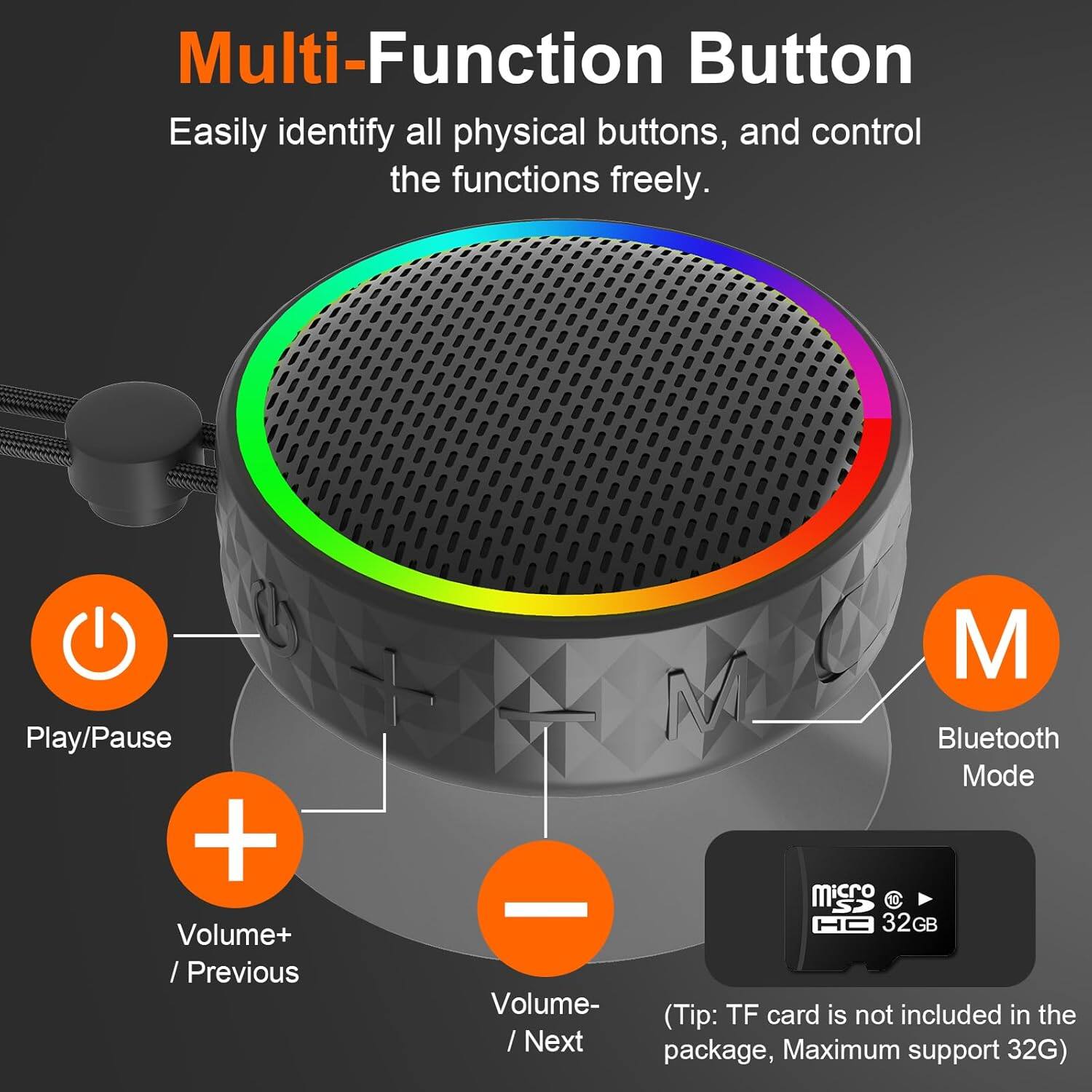 Multi-Function Button

Easily identify all physical buttons, and control the functions freely.

- Play/Pause
- Volume+ / Previous
- Volume- / Next
- Bluetooth Mode

(Tip: TF card is not included in the package, Maximum support 32G)