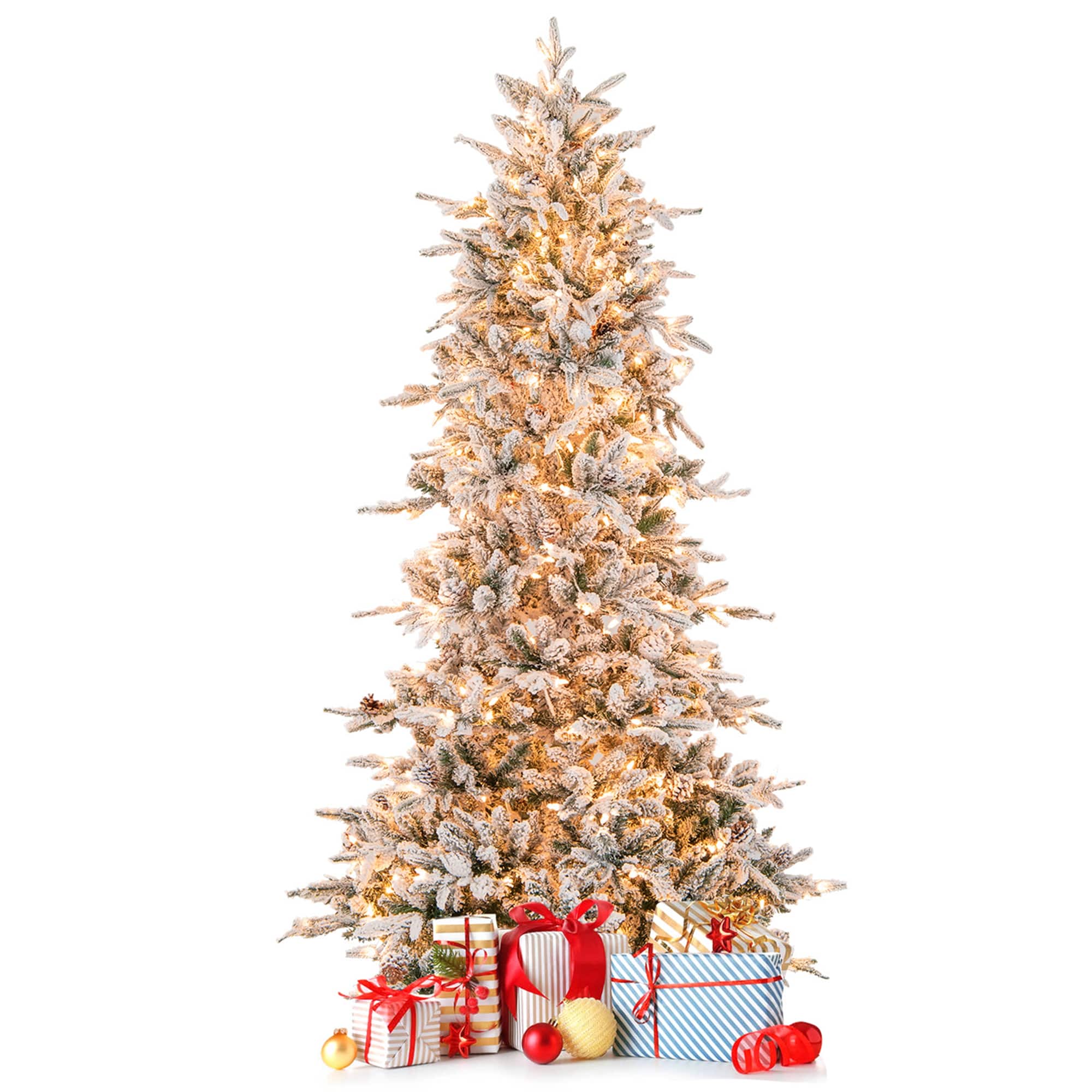 Costway - 7.5 FT Pre-Lit Christmas Tree Snow Flocked Hinged 1107 Branch Tips & 350 Lights - Green/White