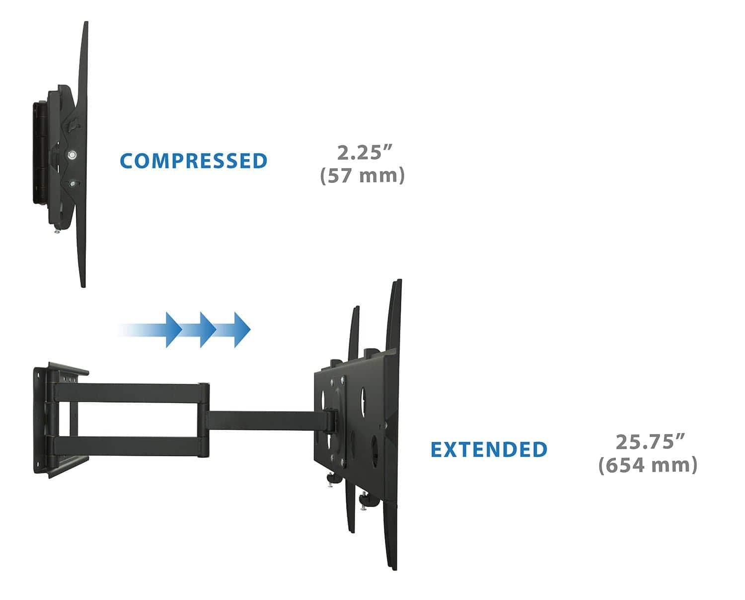 2.25" COMPRESSED (57 mm)  
EXTENDED 25.75" (654 mm)