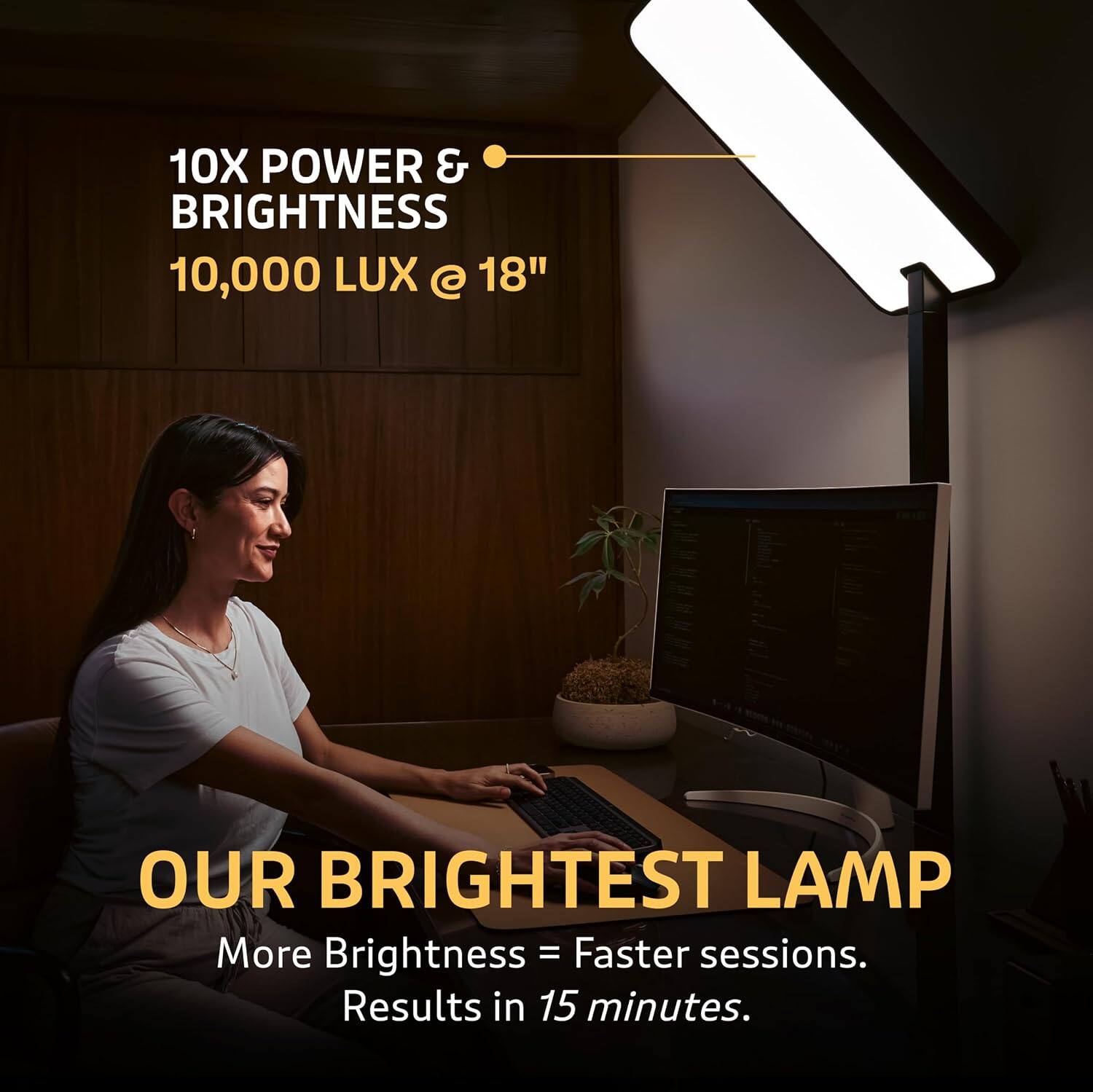 10X POWER & BRIGHTNESS  
10,000 LUX @ 18"  

OUR BRIGHTEST LAMP  
More Brightness = Faster sessions.  
Results in 15 minutes.