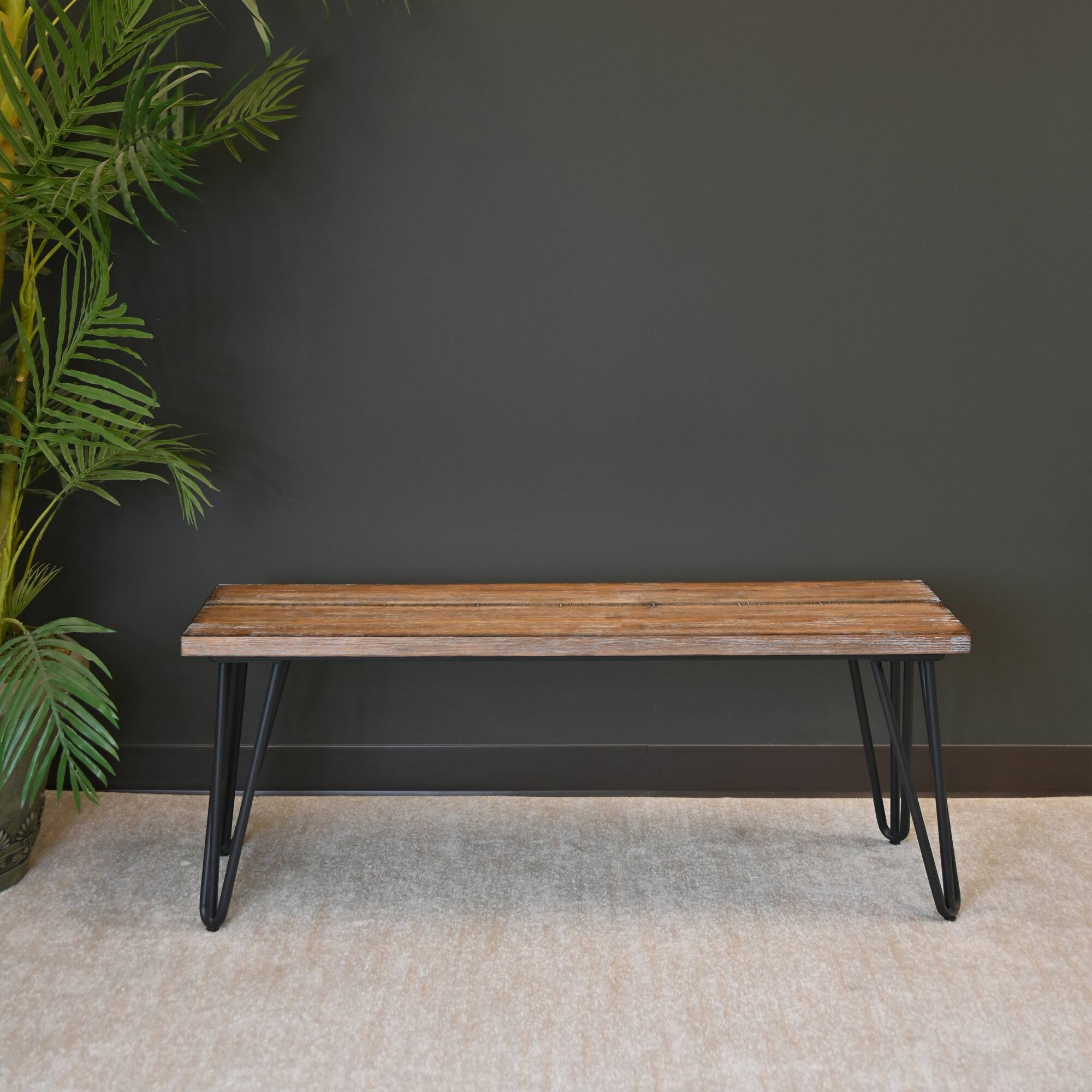 Angle. GOODSILO - Industrial Rustic Dining Bench with Dark Pine Finish and Metallic Hairpin Legs for Modern Home Decor - Brown.