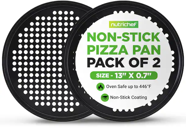 nutrichef NON-STICK PIZZA PAN PACK OF 2
SIZE - 13" X 0.7"
Oven Safe up to 446°F
Non-Stick Coating