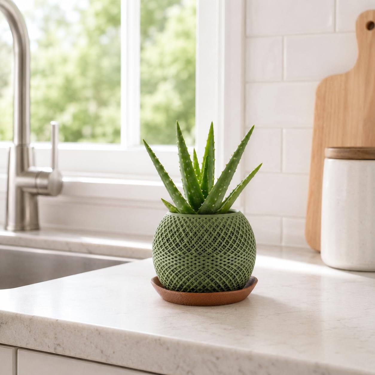 Alt View 1. JuzToys - 3D Printed Paragon Planter with Drip Tray, Small Indoor Plant Pot w/Saucer Modern Geometric Desk Shelf Decor by PowerTRC - Green|Brown.