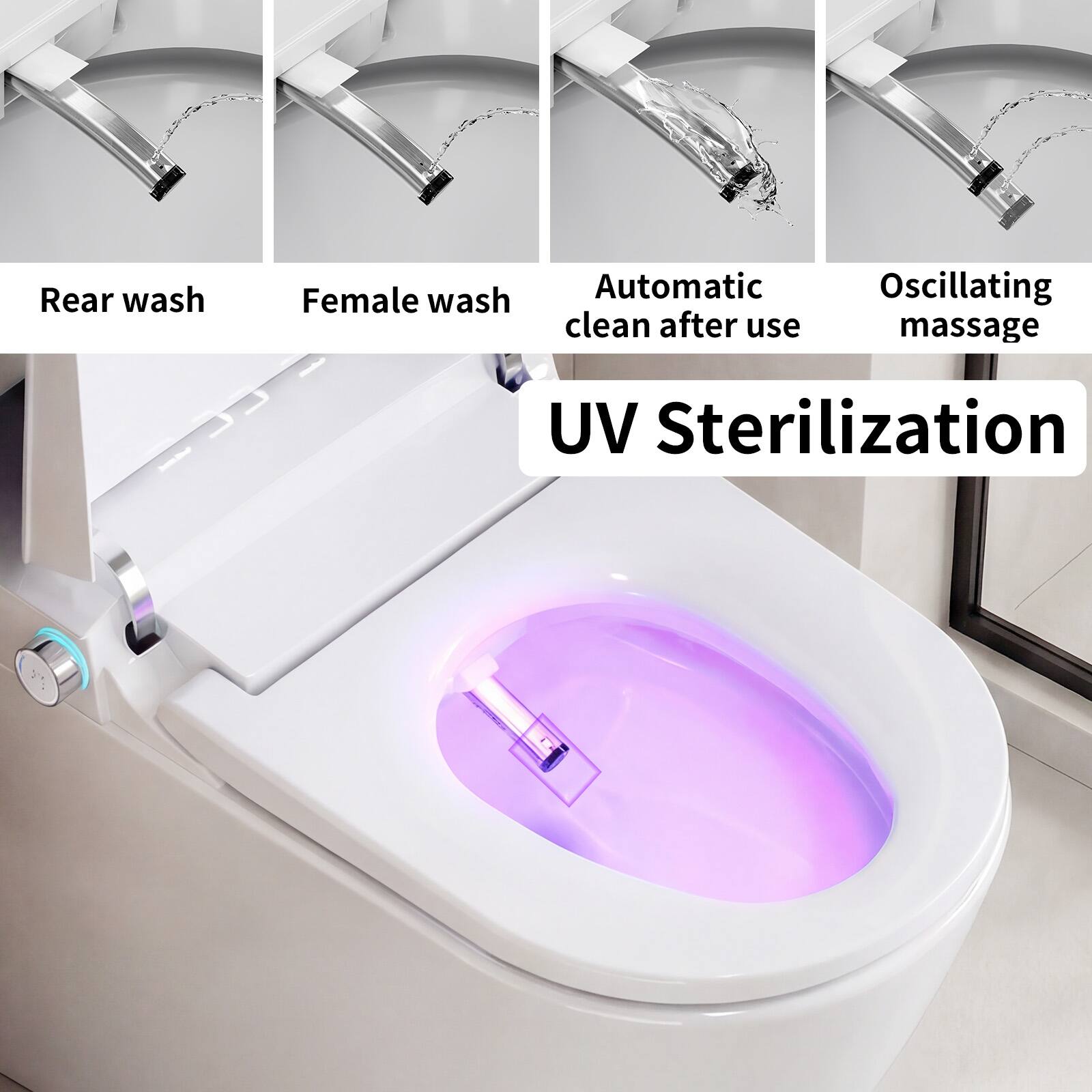 - Rear wash
- Female wash
- Automatic clean after use
- Oscillating massage
- UV Sterilization