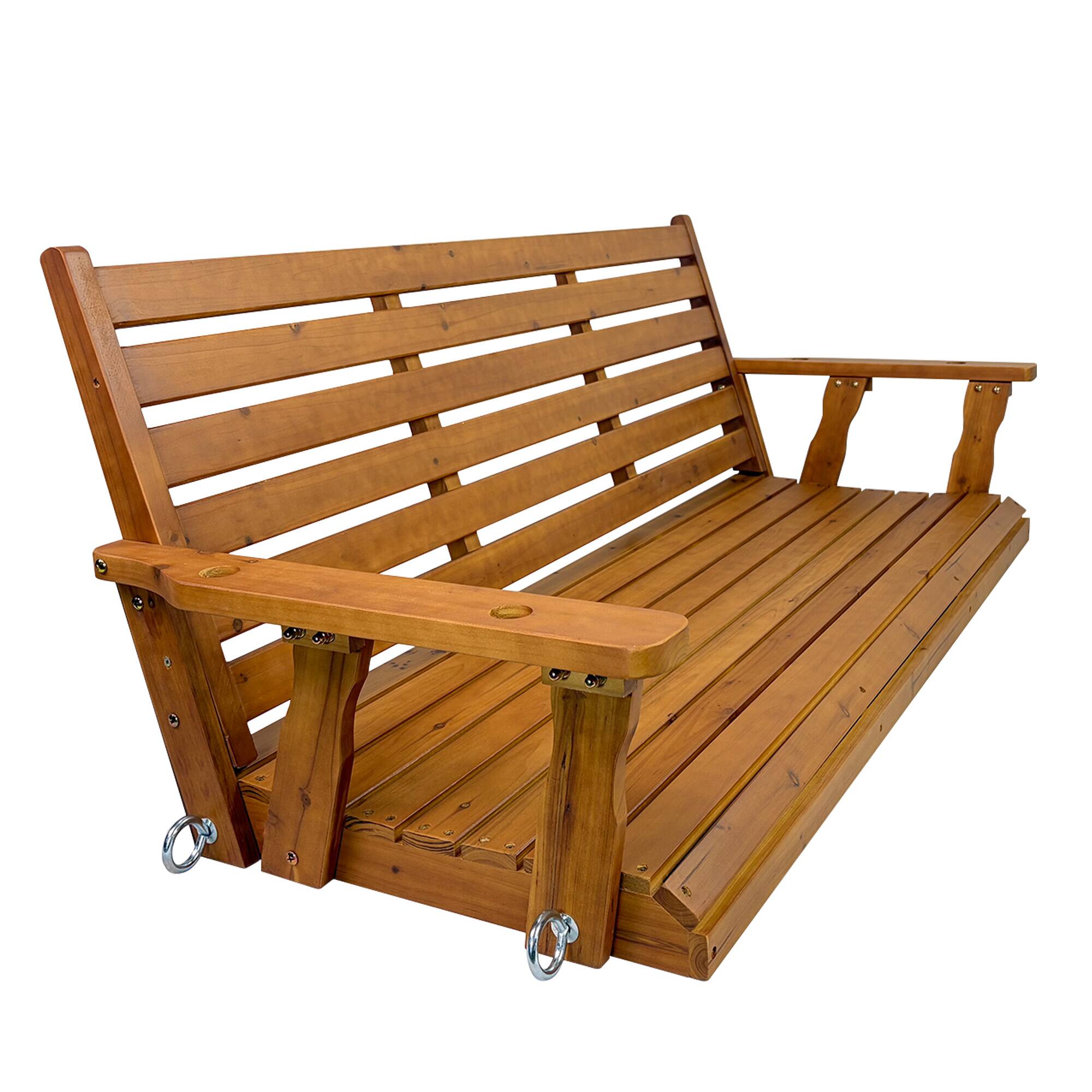 Alt View 4. Fortune Candy - Wooden Porch Swing with Chains & Springs, 880 LBS Heavy Duty Bench for Patio & Porch (Extra Large, 3-Seater) - Brown.