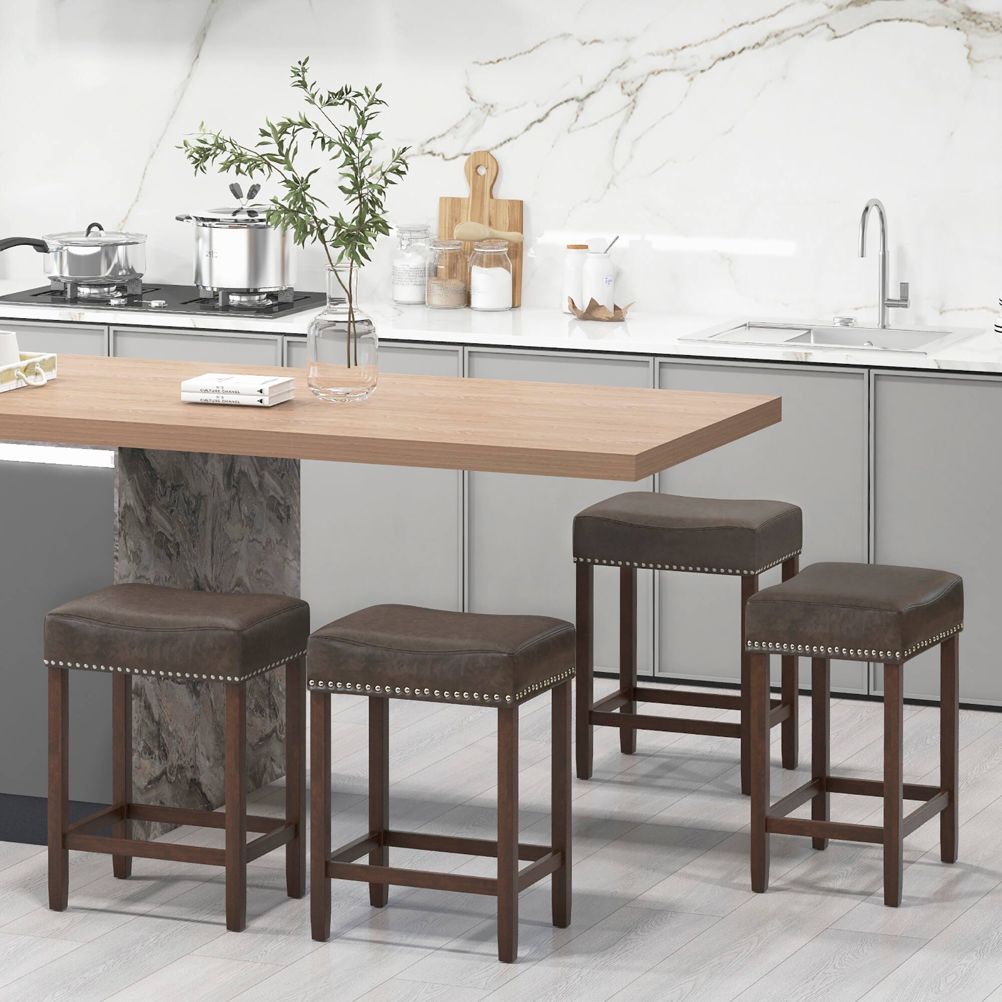 Alt View 3. Gymax - Gymax Bar Stool Set of 4 24-Inch Counter Height Saddle Stools w/ PU Leather Upholstery Gray & Brown - Gray, Brown.