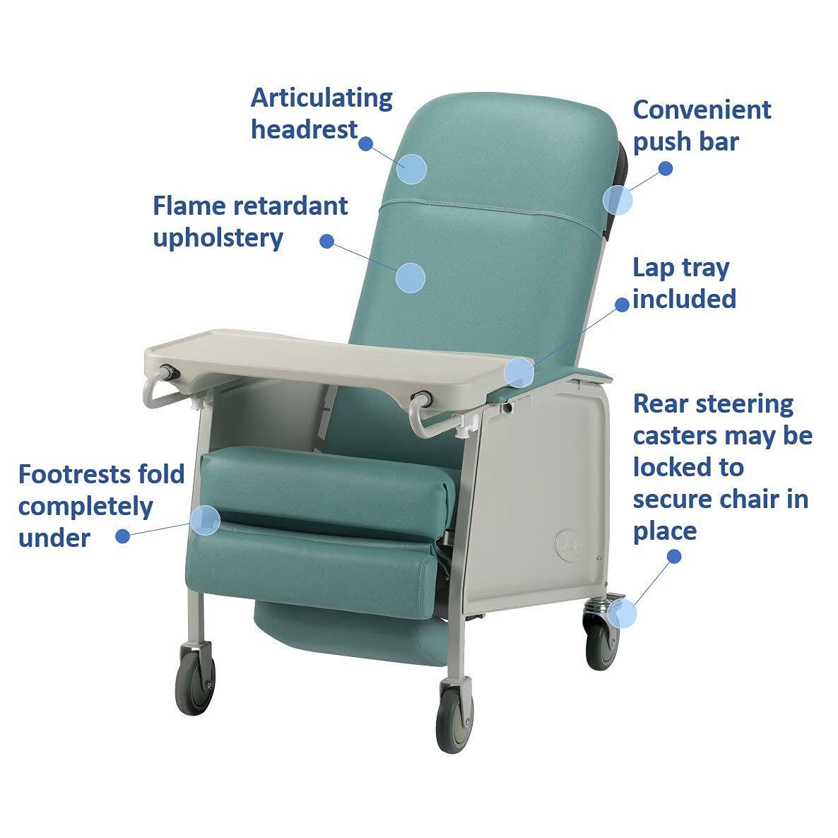 - Articulating headrest
- Convenient push bar
- Flame retardant upholstery
- Lap tray included
- Footrests fold completely under
- Rear steering casters may be locked to secure chair in place