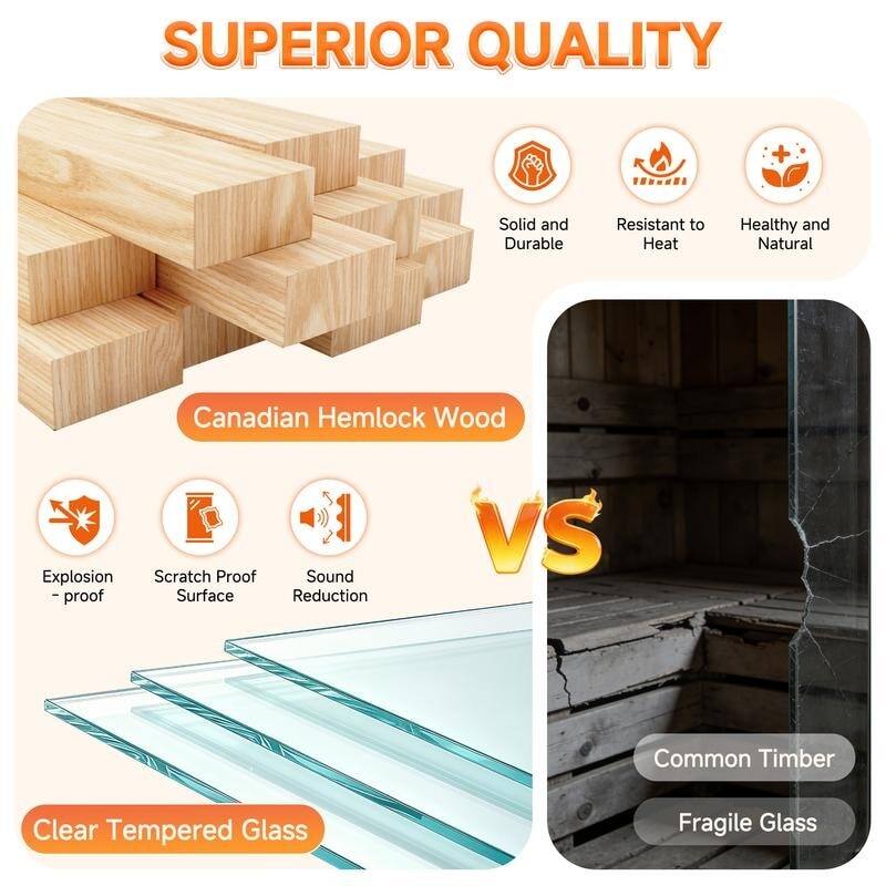 SUPERIOR QUALITY

Canadian Hemlock Wood
- Solid and Durable
- Resistant to Heat
- Healthy and Natural
- Explosion-proof
- Scratch Proof Surface
- Sound Reduction

VS

Common Timber
Fragile Glass

Clear Tempered Glass