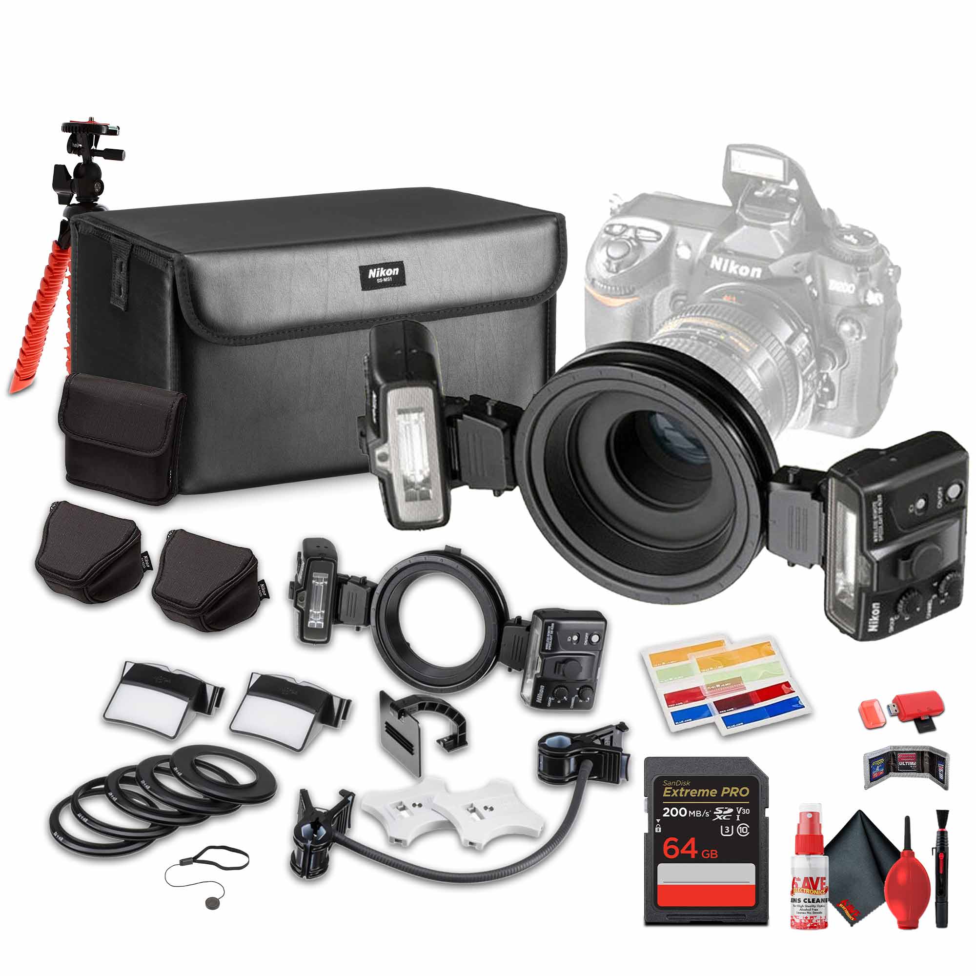 Nikon - R1 Wireless Close-Up Speedlight System + 64GB Memory Card + Flexible Tripod - Bundle (International Version)