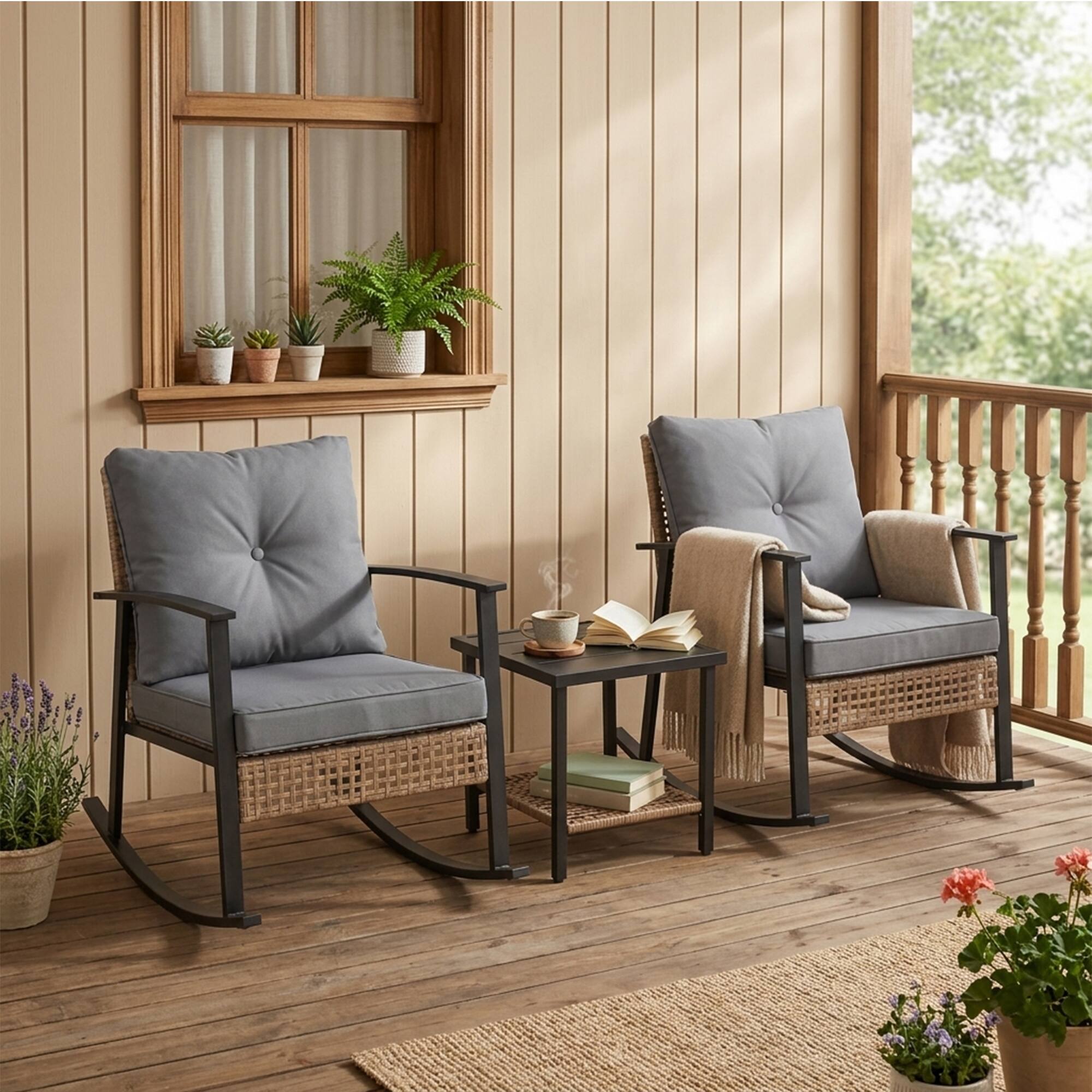 Alt View 5. Yardgrace - 3-Piece Outdoor Rocking Set, Oversize Rattan Chairs with Thick Cushions & 2-Tier Coffee Table for Patio Garden - Grey.