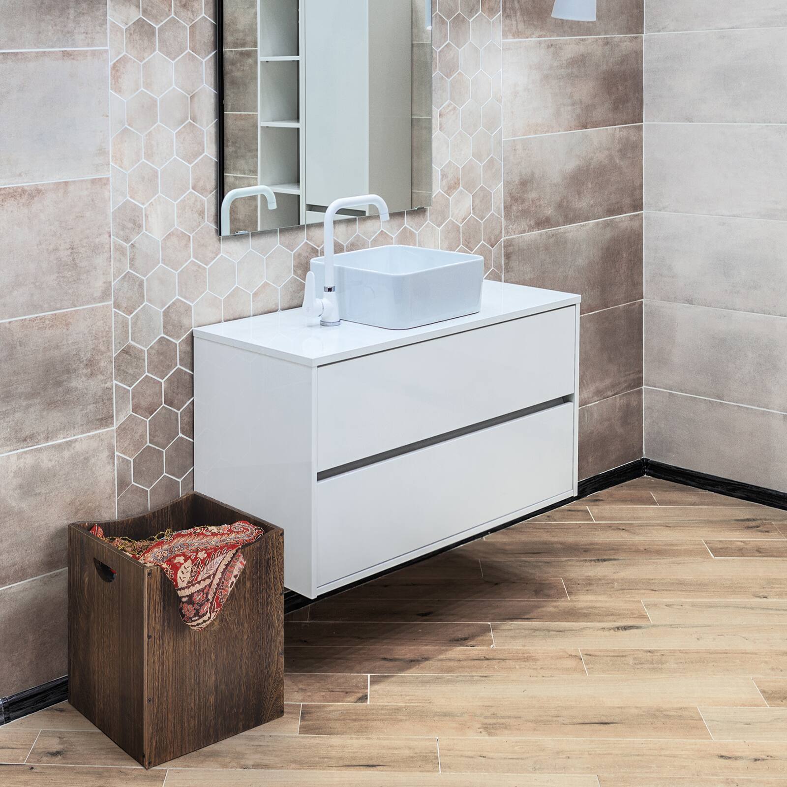 Alt View 3. Oumilen - Solid Wood Laundry Hamper – Burnt Wood Basket with Cutout Handles for Bathroom & Bedroom - Rustic Brown.
