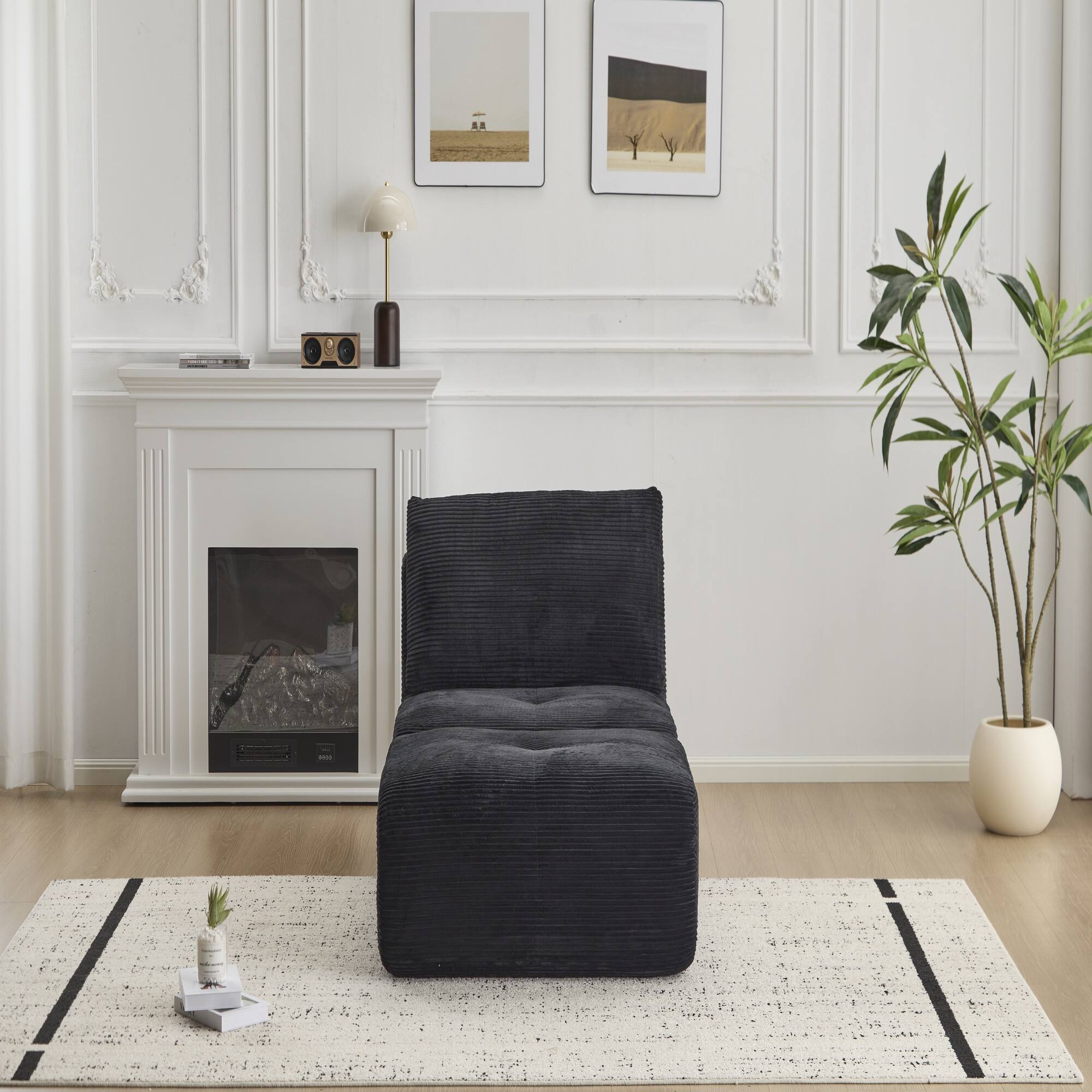 Left. Boyel Living - Memory Foam Corduroy Chaise Lounge with Movable Ottoman - Black.