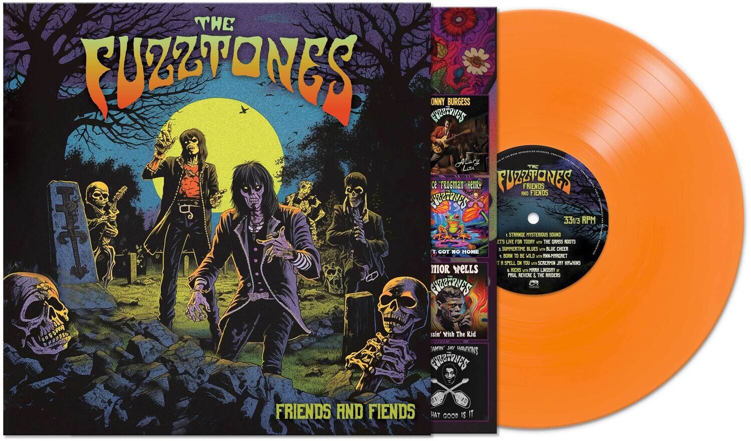 Sure, here is the corrected and grouped text from the image:

---

**THE FUZZTONES**

**FRIENDS AND FIENDS**

**ONNY BURGESS**  
"Mary Lee"  
"CE 'FROGMAN' BEMRY"

**MINOR WELLS**  
"I Got No Home"  
"Strange Mysterious Sound"

**LIVE & PRUL STRINGE**  
"Summertime Blues"  
"Born to Be Wild"  
"Spell on You"  
"Ridin' with the Kid"  
"Full Reverberation"

**THE SCREAMIN' LINDSAY**  
"Yell Cheer"  
"Roots"  
"Jay Hawkins"

**THE BRIDERS**  
"Blue Sound"  
"Grass"

**THE FUZZTONES**  
"Friends and Fiends"  
"Hat Good Is It"

**33 1/3 RPM**

---

This text is organized to reflect the album cover and label information accurately.