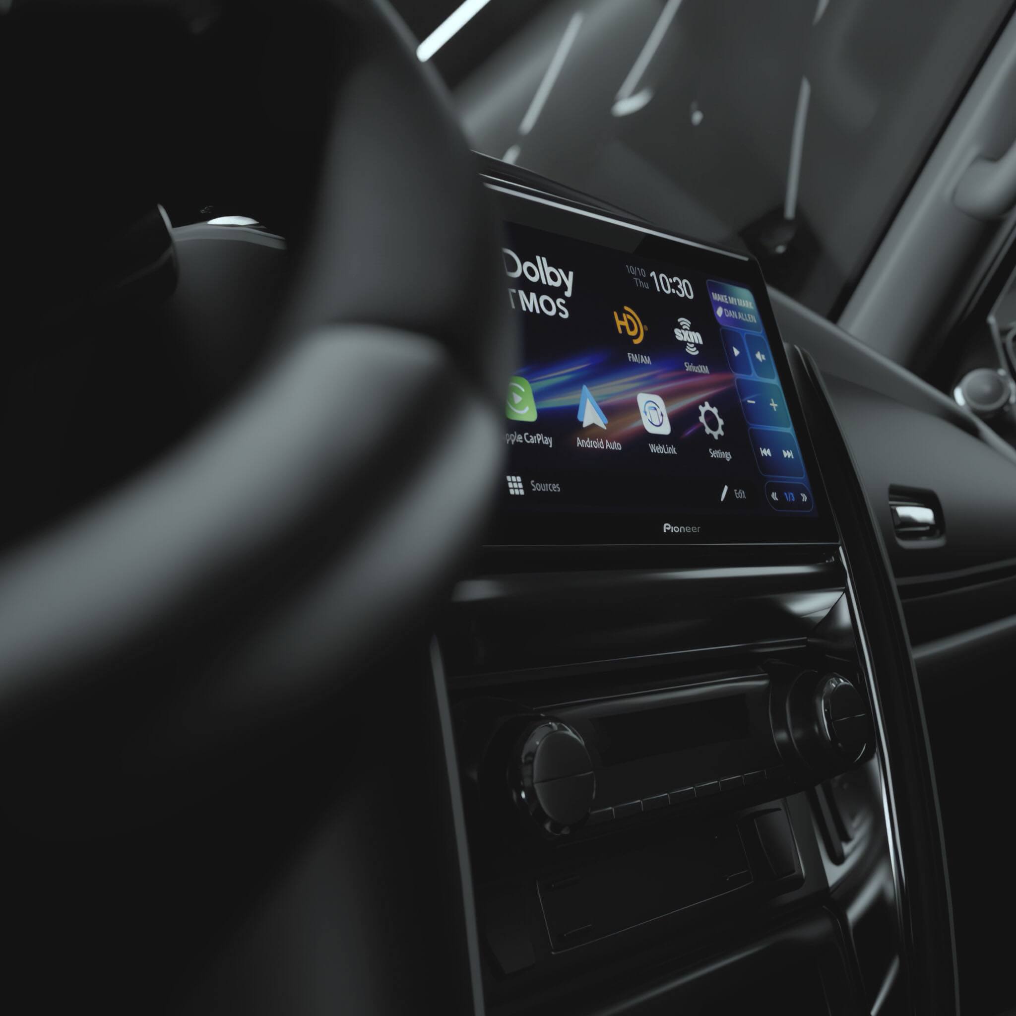 Dolby Atmos  
10/10  
Thu 10:30  
HD  
FM/AM  
SXM  
CarPlay  
Android Auto  
WebLink  
Settings  
Sources  
Pioneer
