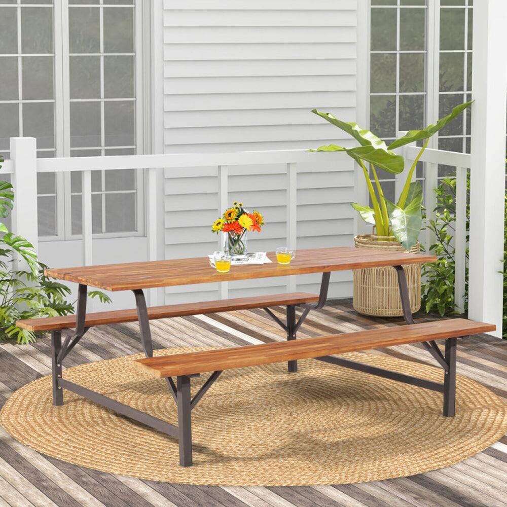 Alt View 1. Boyel Living - 6-Person Outdoor Picnic Table and Bench Set with 2 Inch Umbrella Hole - Natural.