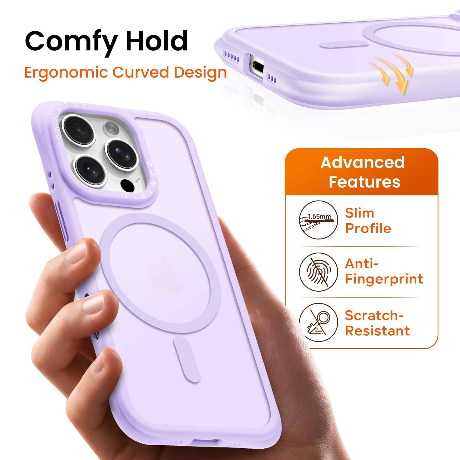 Comfy Hold  
Ergonomic Curved Design  

Advanced Features  
1.65mm Slim Profile  
Anti-Fingerprint  
Scratch-Resistant