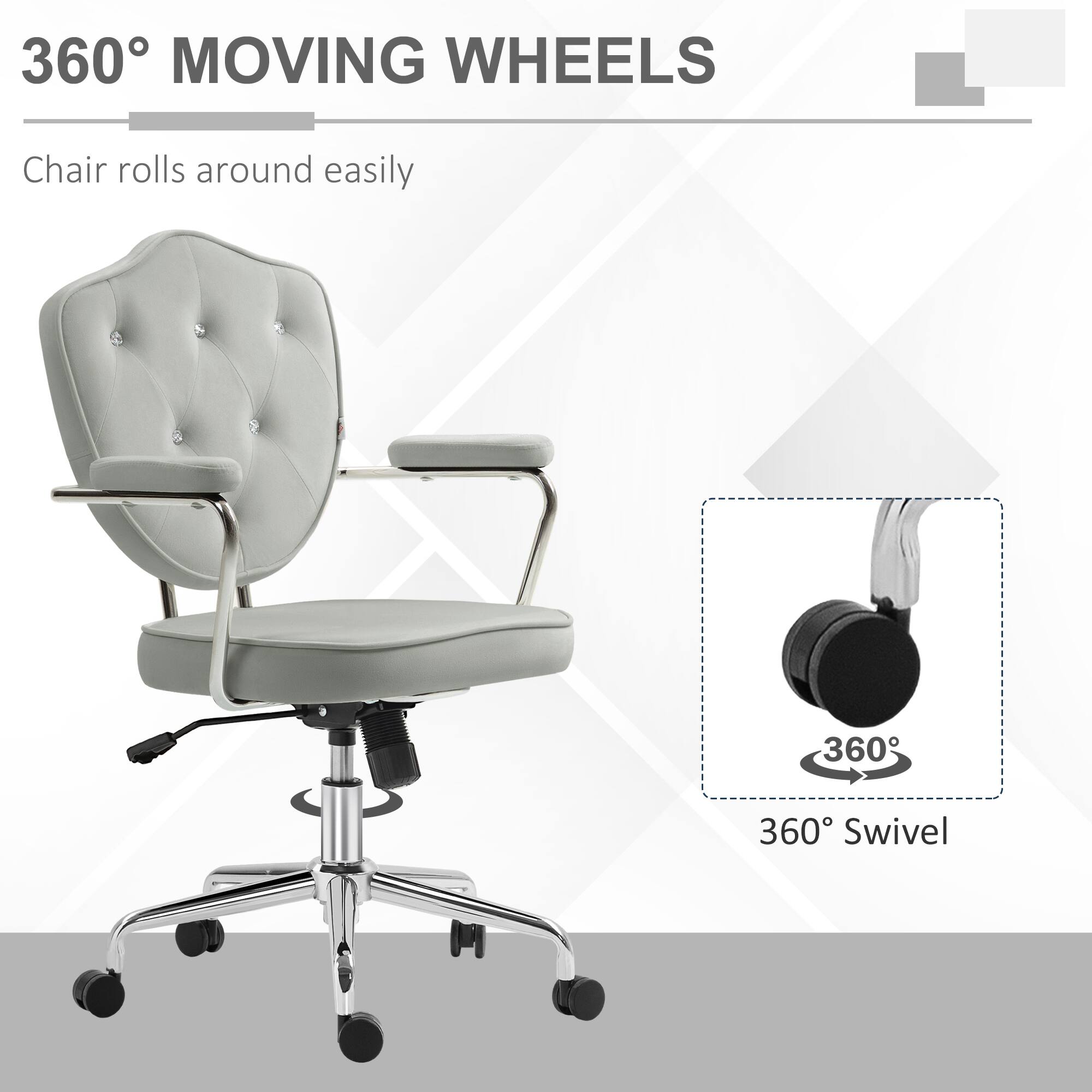360° MOVING WHEELS
Chair rolls around easily
360° Swivel