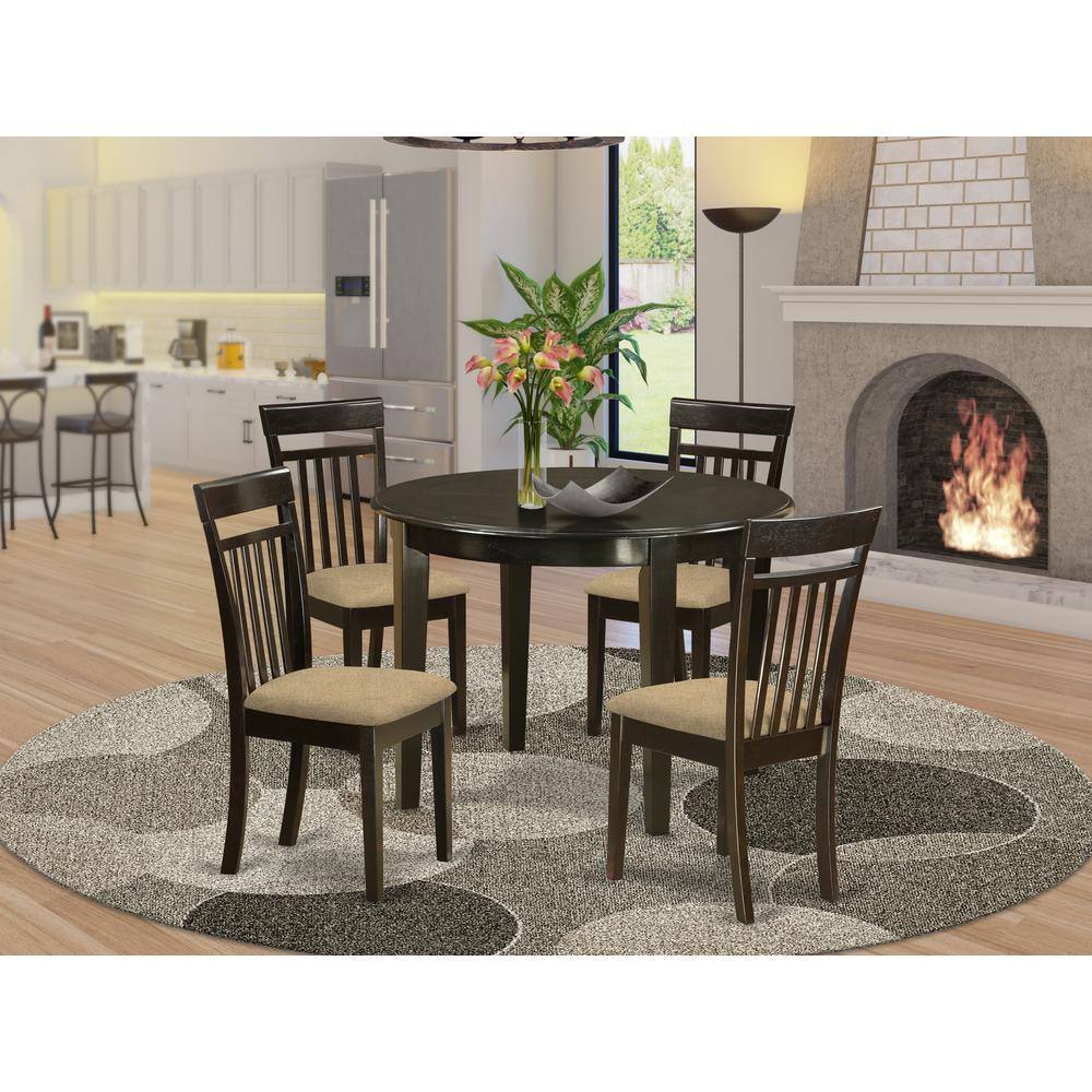Left. East West Furniture - BOCA5-CAP-C 5 Pc small Kitchen Table and Chairs set-round Kitchen Table and 4 Dining Chairs - Cappuccino.