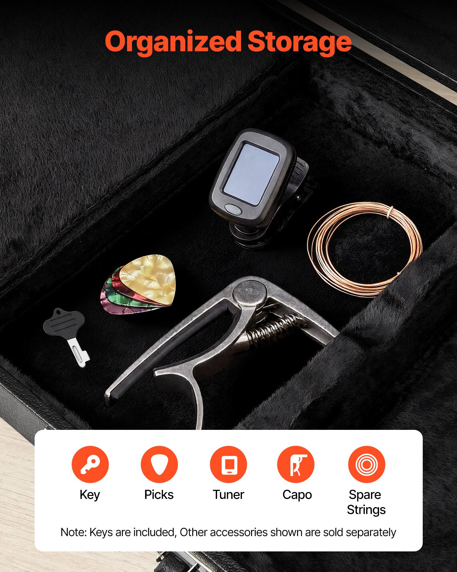 Organized Storage

Key Picks Tuner Capo Spare Strings

Note: Keys are included, Other accessories shown are sold separately