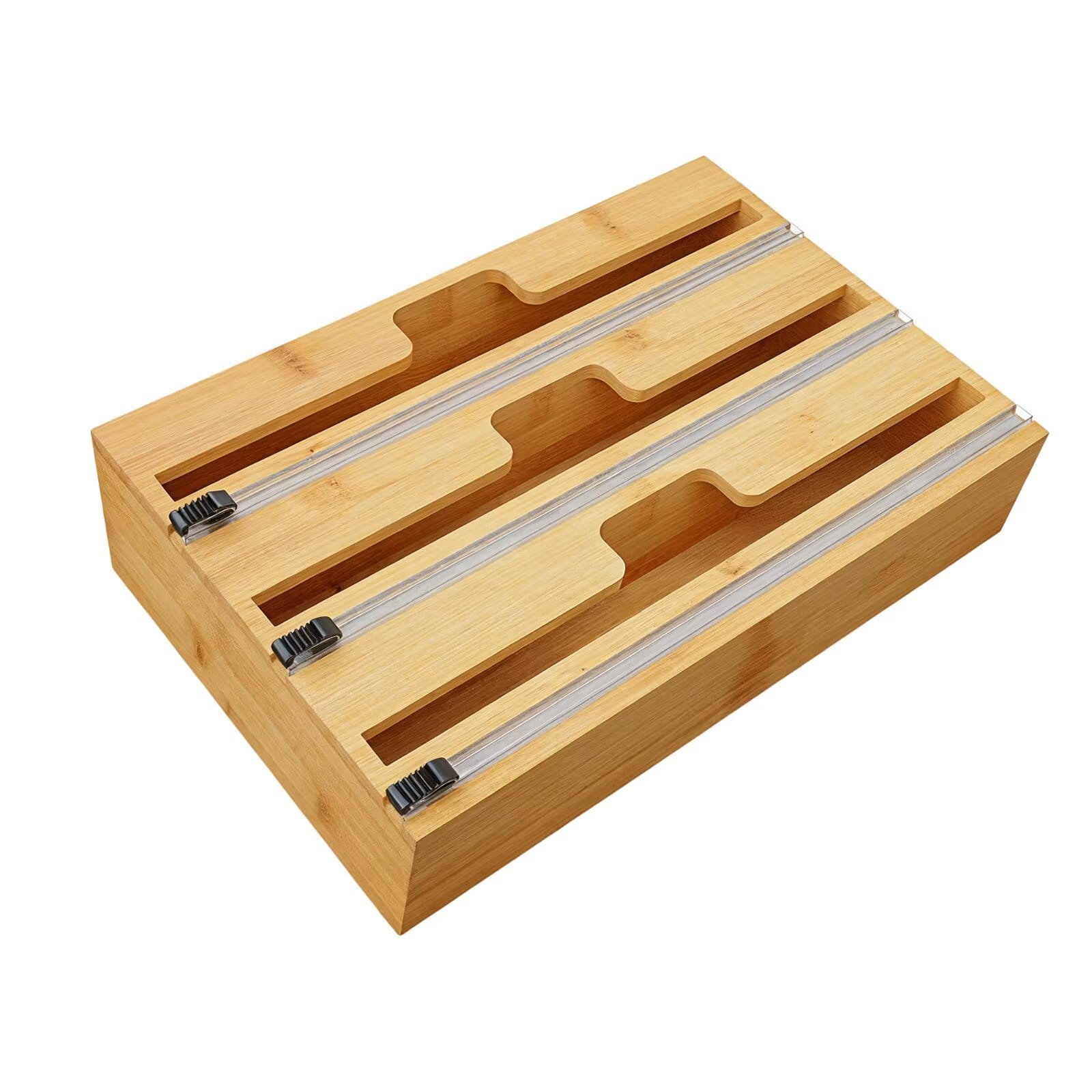 Tooloton - 3 in 1 Wrap Dispenser with Cutter and Labels, Storage Holder for 12-Inch Plastic Wrap, Foil, Wax Paper Rolls - Natural