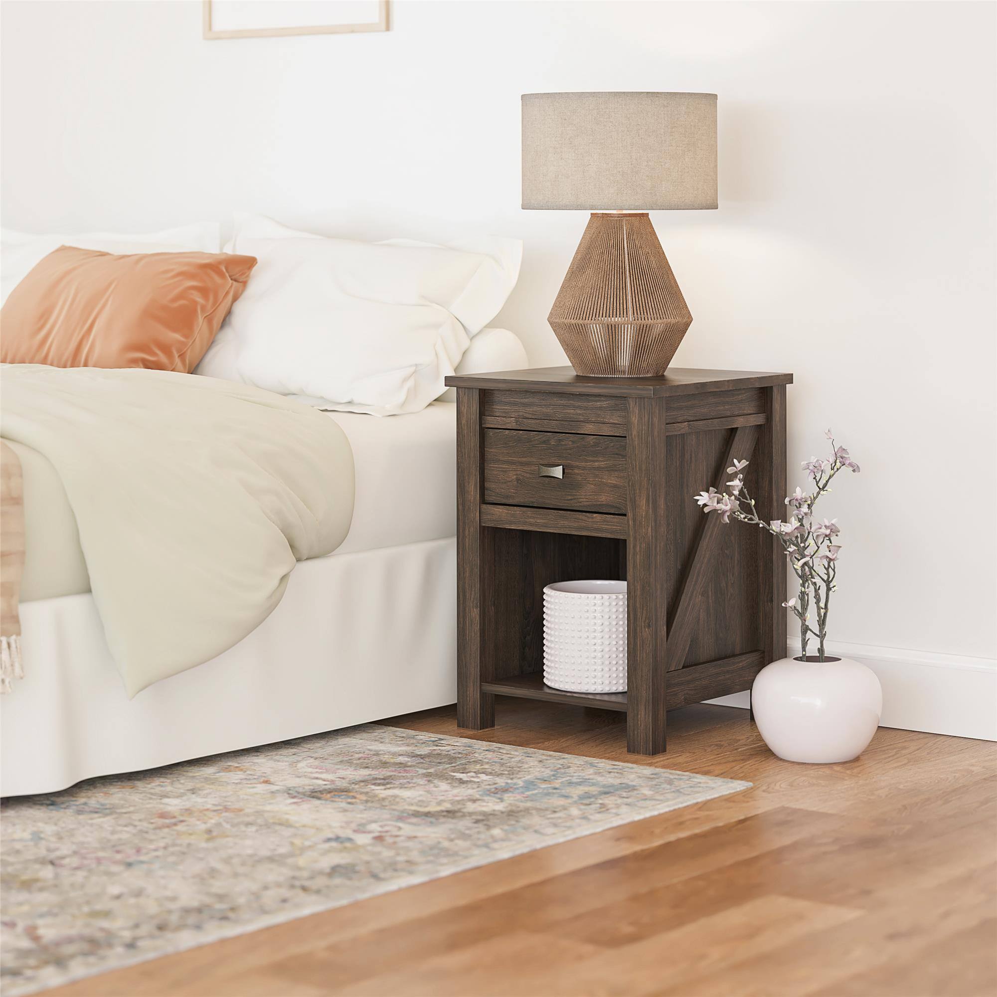 Front. Aukfa - Farmhouse Nightstand - MDF Construction, 1 Drawer & Open Cubby, 40lb Top Capacity, 17.8"W x 24.4"H - Brown.