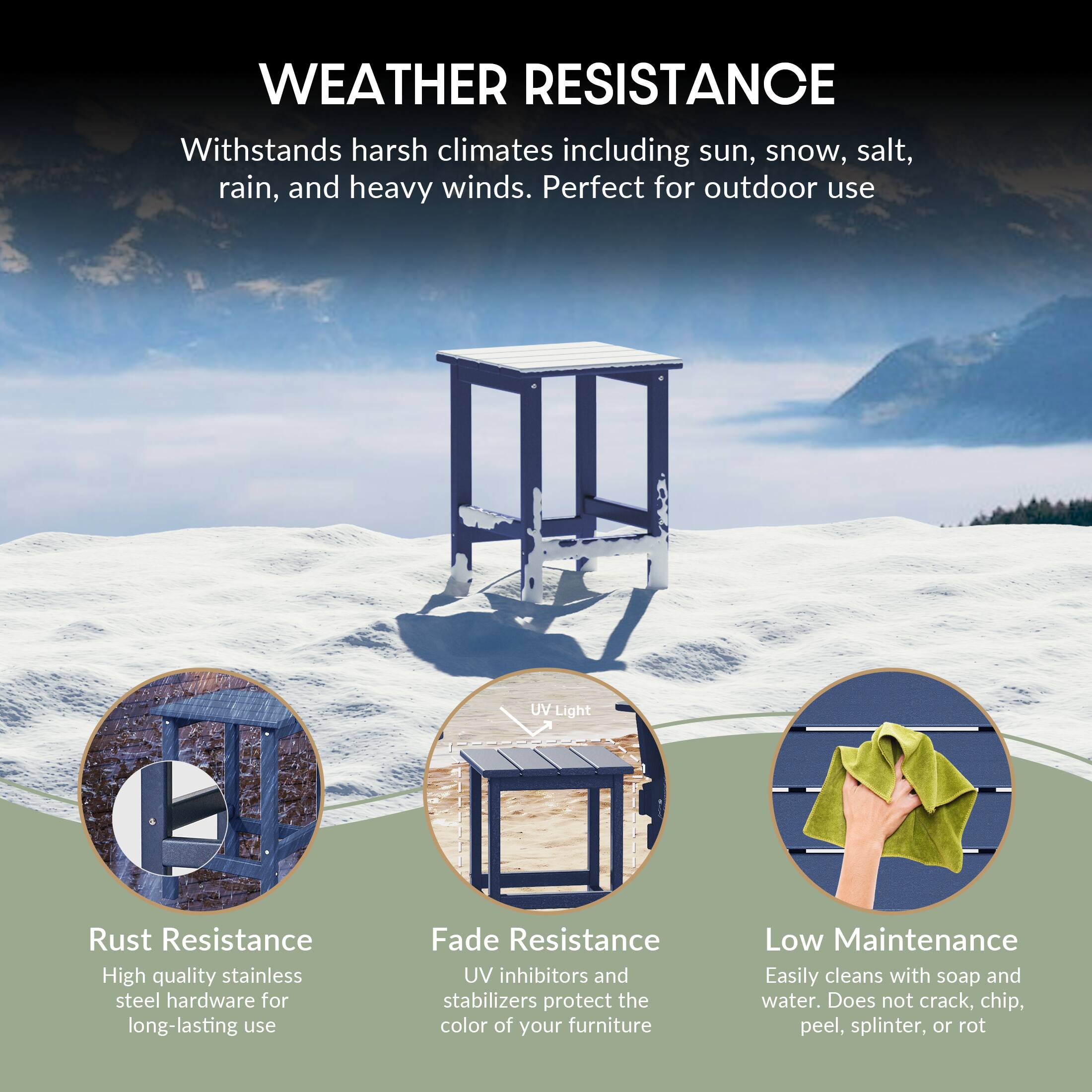 WEATHER RESISTANCE  
Withstands harsh climates including sun, snow, salt, rain, and heavy winds. Perfect for outdoor use.

- Rust Resistance  
  High quality stainless steel hardware for long-lasting use

- Fade Resistance  
  UV inhibitors and stabilizers protect the color of your furniture

- Low Maintenance  
  Easily cleans with soap and water. Does not crack, chip, peel, splinter, or rot