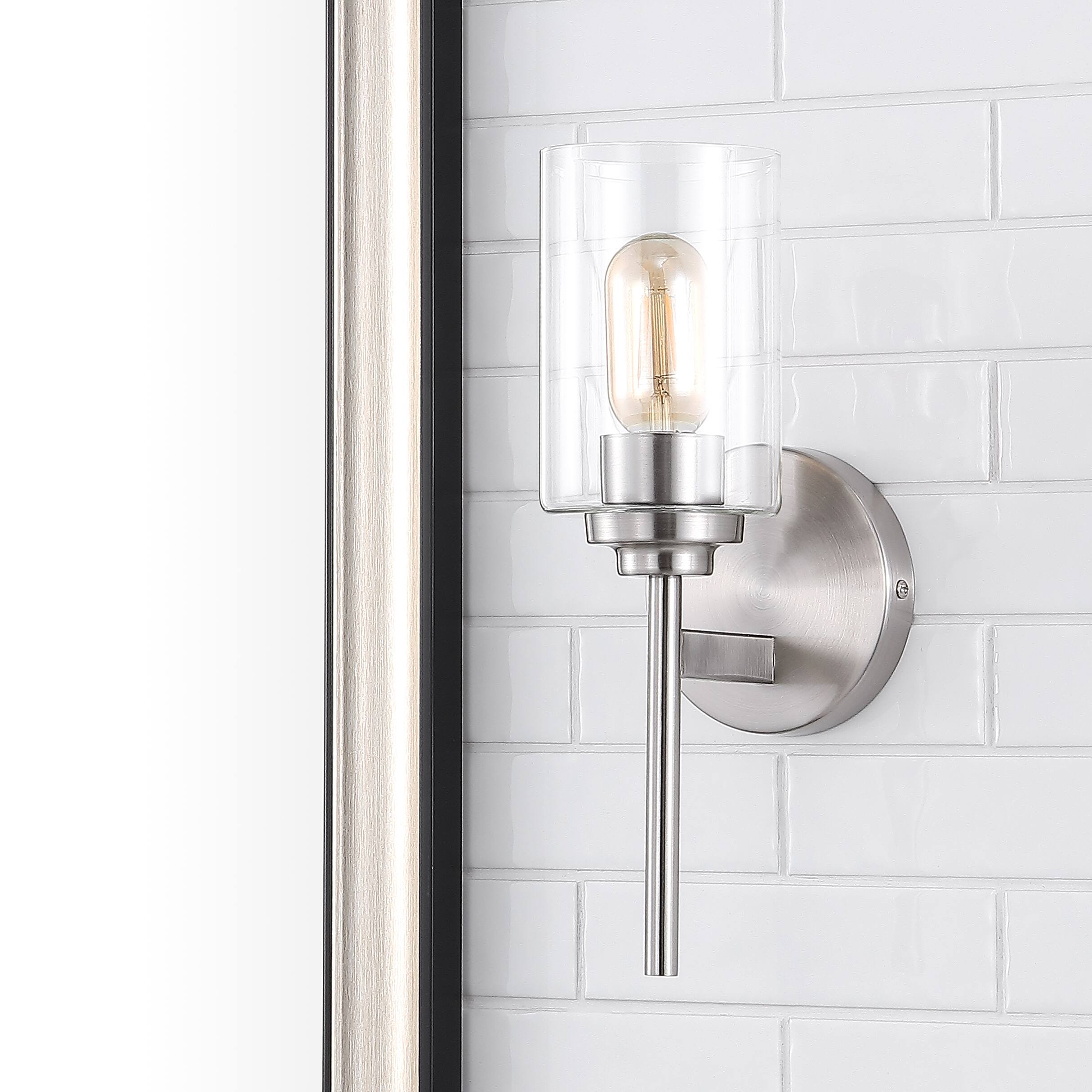 Alt View 6. Jonathan Y - Juno 13" 1-Light Farmhouse Industrial Metal/Glass Cylinder LED Sconce, Nickel/Clear - Nickel.