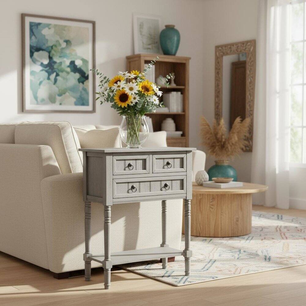 Alt View 2. FurniFact - Entry Hall Table, Wirebrush Gray - Wirebrush Light Gray.