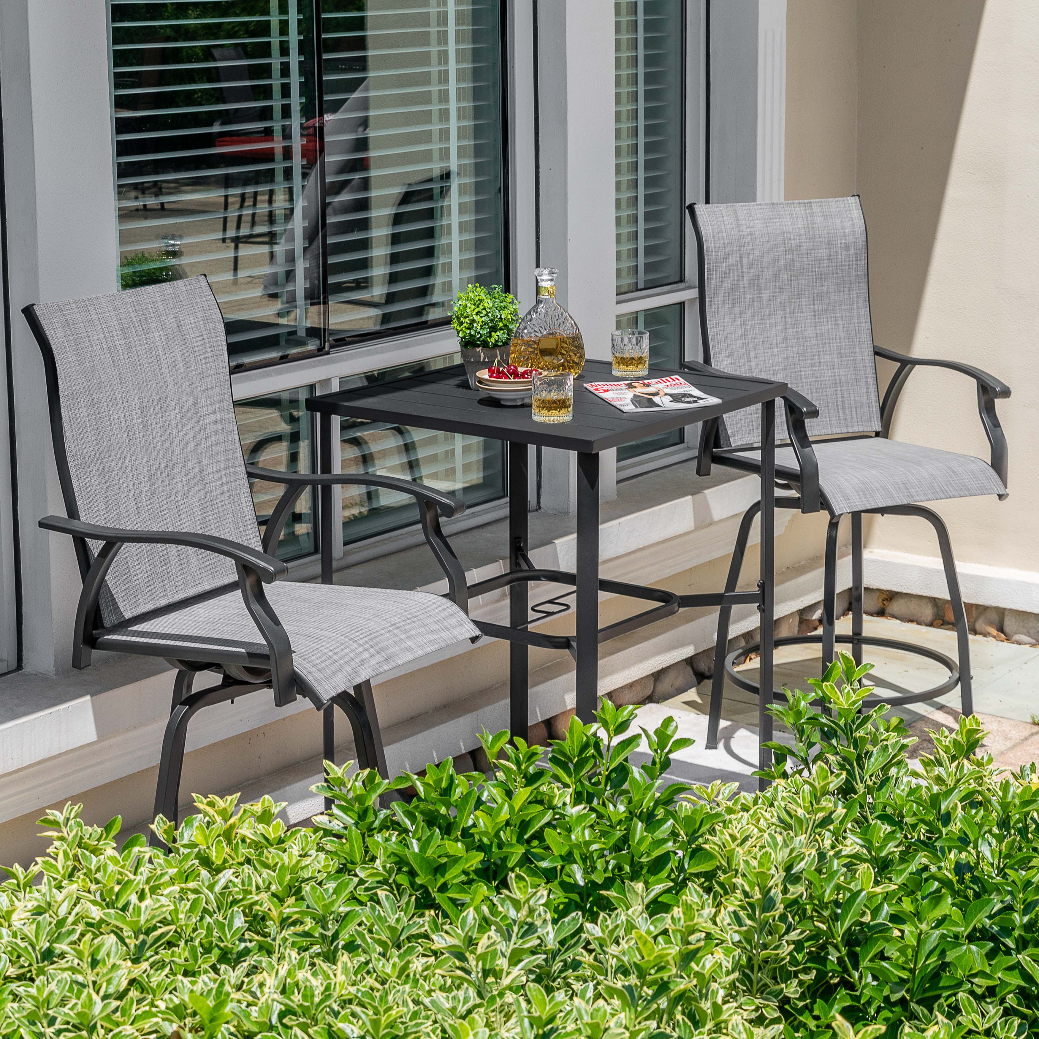 Angle. Nuu Garden - Patio 3-Piece Bar Set with Umbrella Hole, Swivel Textilene Bar Stools - Black and Gray.