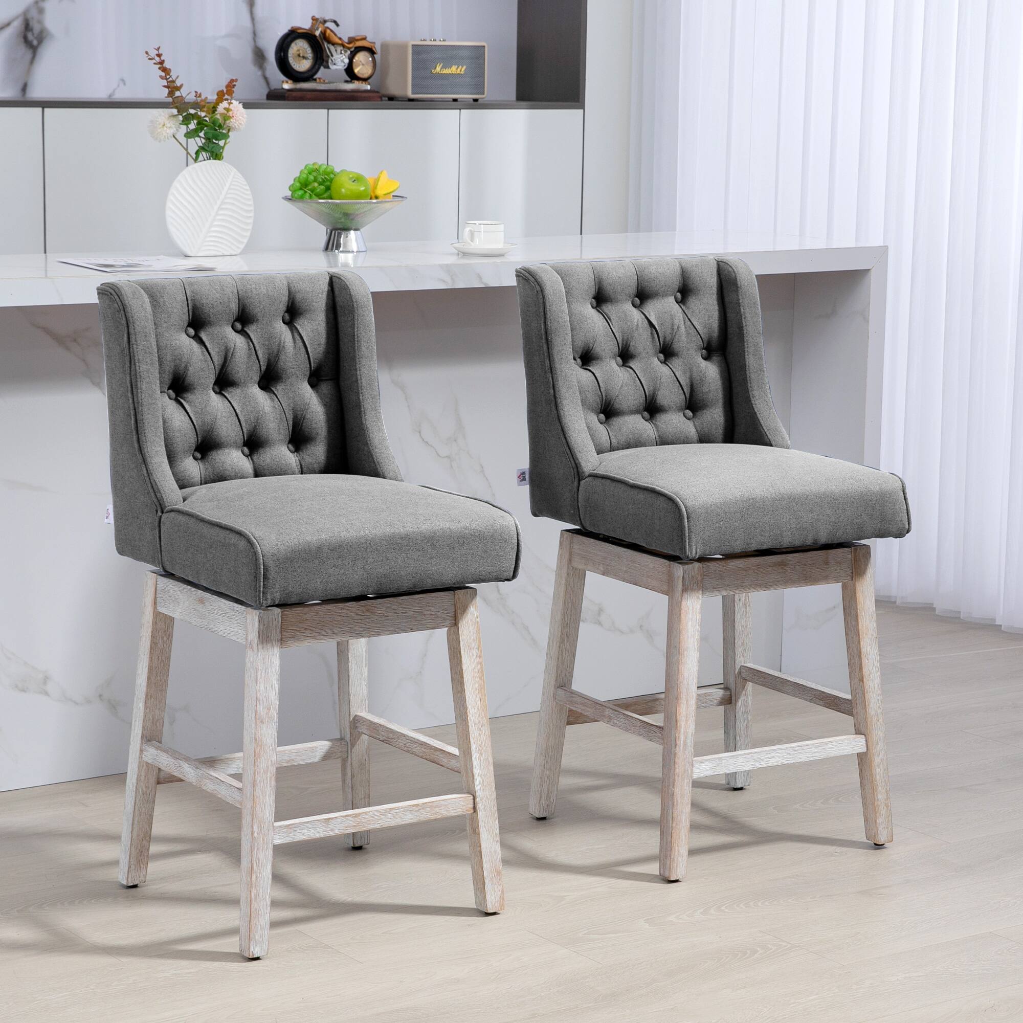 Alt View 1. Homcom - Bar Height Bar Stools Set of 2 (27"H Seat), 180° Swivel Stools with Solid Wood Footrests & Button Tufted Design - gray.
