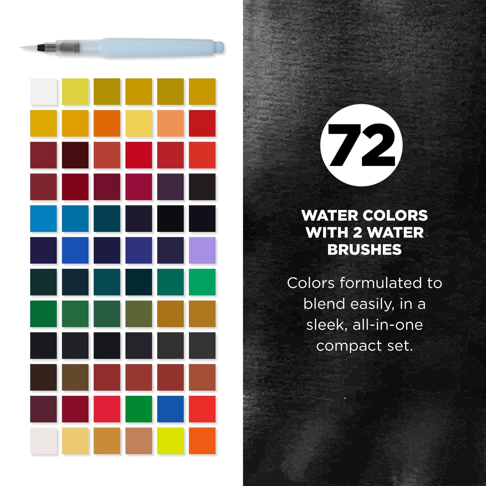 72  
WATER COLORS WITH 2 WATER BRUSHES  
Colors formulated to blend easily, in a sleek, all-in-one compact set.